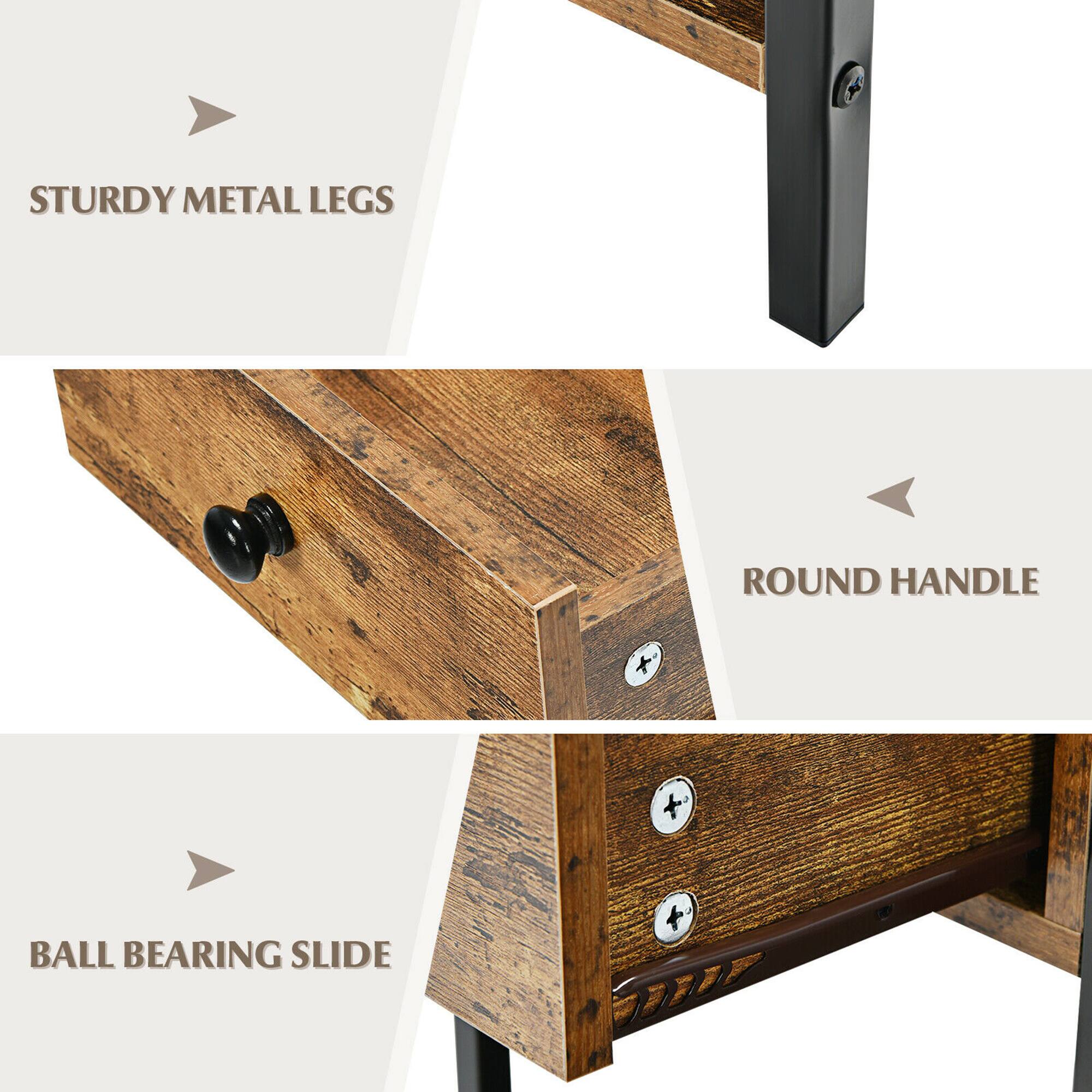 The text on the image is grouped and corrected as follows:

1. Sturdy Metal Legs
2. Round Handle
3. Ball Bearing Slide