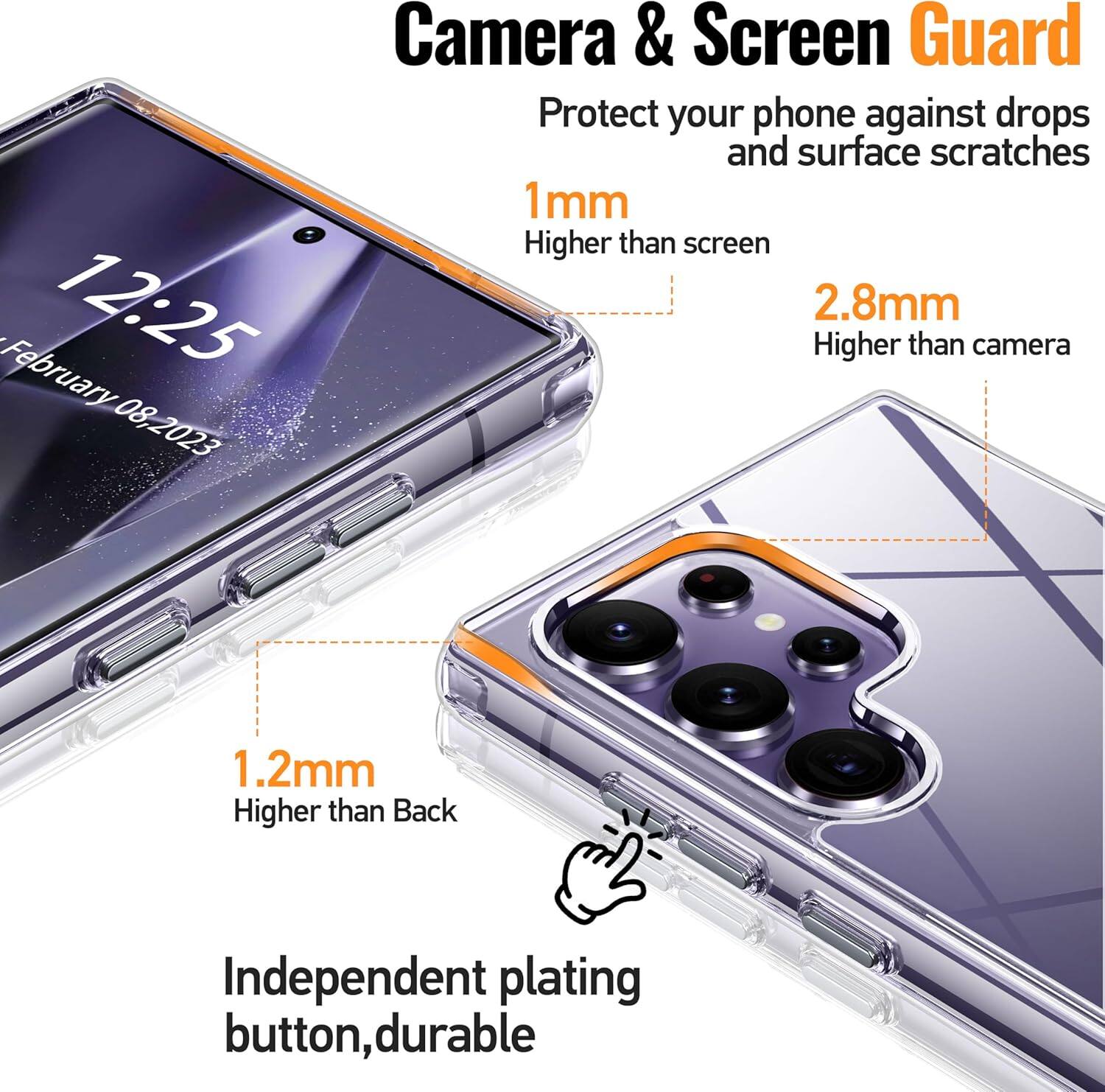 Camera & Screen Guard
Protect your phone against drops and surface scratches
1.2mm Higher than Back
1mm Higher than screen
2.8mm Higher than camera
Independent plating button, durable