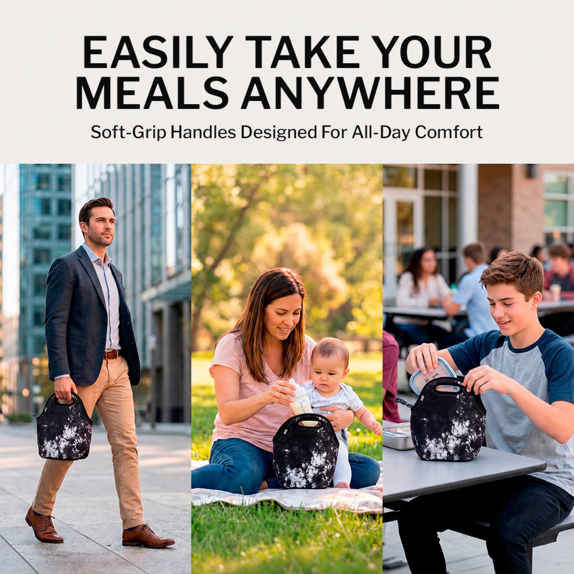 EASILY TAKE YOUR MEALS ANYWHERE  
Soft-Grip Handles Designed For All-Day Comfort