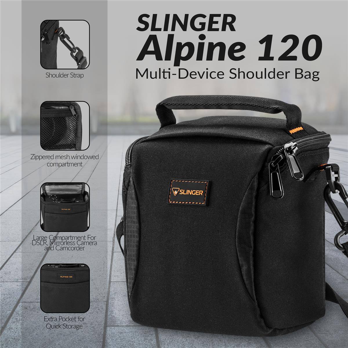 Shoulder Strap SLINGER Alpine 120 Multi-Device Shoulder Bag Zippered mesh windowed compartment SLINGER Large Compartment For DSLR Mirrorless Camera and Camcorder Extra Pocket for Quick Storage
