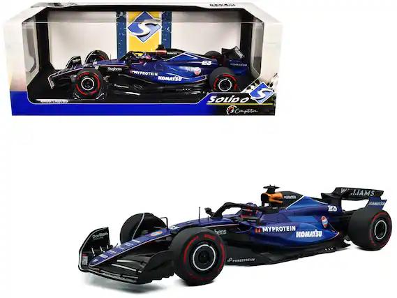 Sure, here is the corrected and grouped text from the image:
**Top Left (Packaging):**
- "Solido"
- "Competition"
- "Williams F1 Team"
- "23"
- "DURACELL"
- "KOMATSU"
- "MYPROTEIN"
- "Gulf"
- "PURESTREAM"
- "Stephens"
**Bottom (Car Model):**
- "Williams F1 Team"
- "23"
- "DURACELL"
- "KOMATSU"
- "MYPROTEIN"
- "Gulf"
- "PURESTREAM"
- "hens"
- "FIA"
- "Dorilton Ventures"