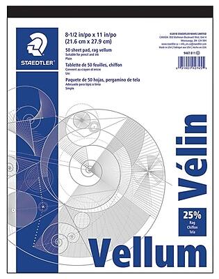8-1/2 in/po x 11 in/po (21.6 cm x 27.9 cm)  
50 sheet pad, rag vellum  
Suitable for pencil and ink  

Tablette de 50 feuilles, chiffon  
Convient au crayon et encre  

Paquete de 50 hojas, pergamino de tela  
Adecuado para lápiz y tinta  

25% Rag Chiffon Tela  

Vellum