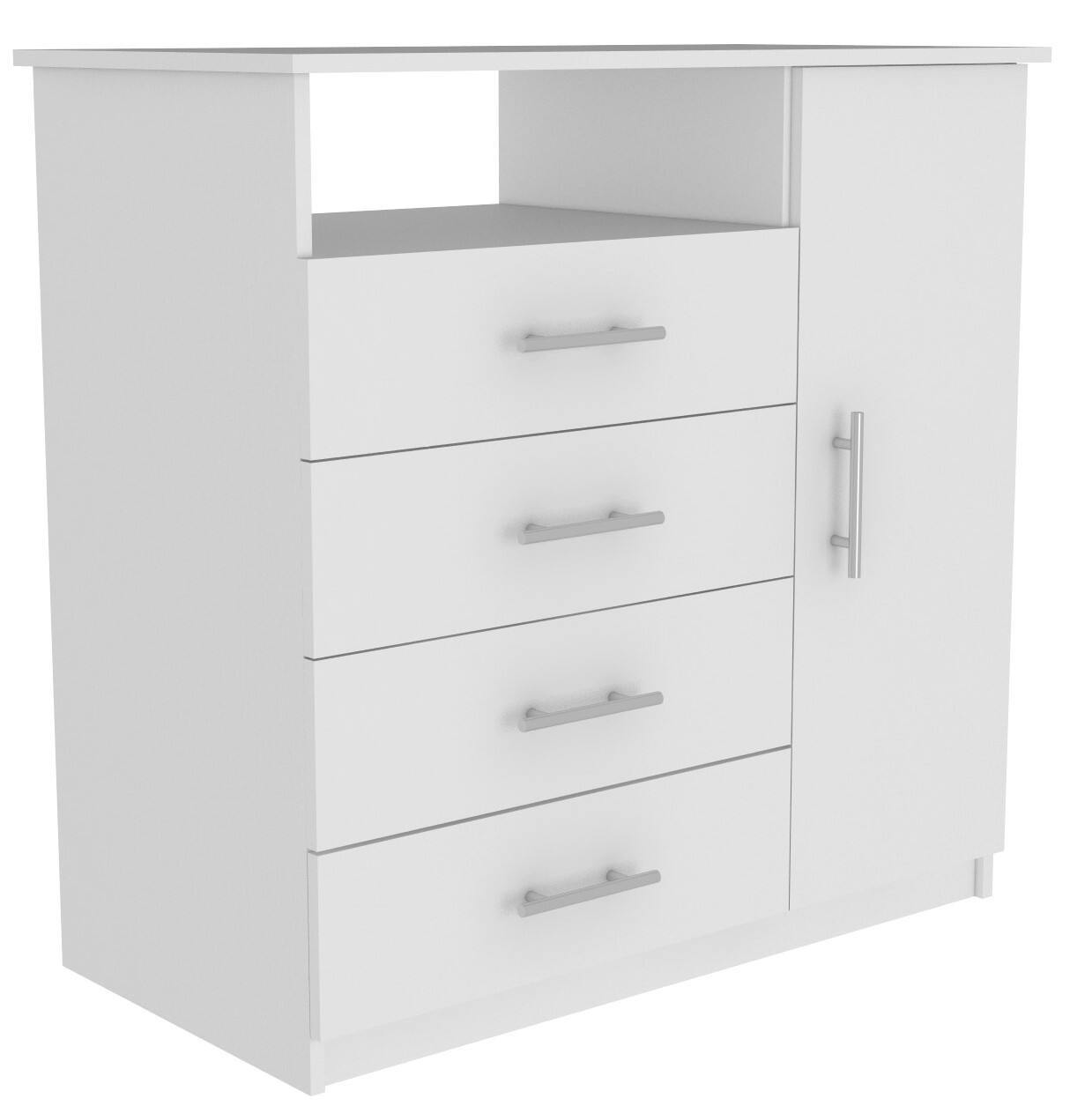 Alt View 2. TuHome - Peru 4 Drawer Dresser, Single Door Cabinet, One Open Shelf, Superior Top - White.