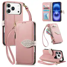 Dteck - for Apple iPhone 17 Pro Wallet Case,PU Leather Flip Zipper Card Slot Leaf-Buckle Shockproof Cover with Wrist Strap - Rosegold