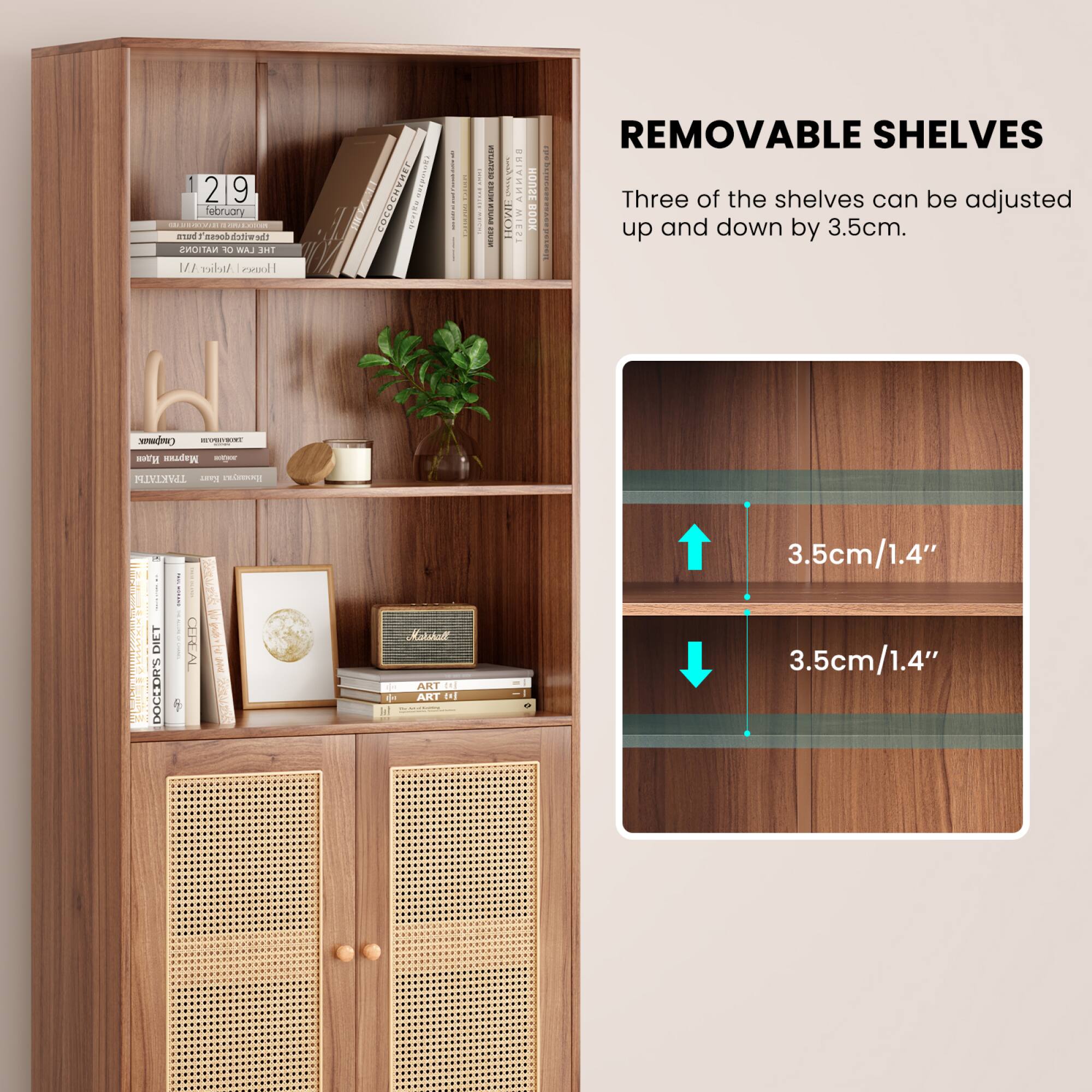 219 February  
THE WORLD IS A MIRACLE  
THE WORLD IS A MIRACLE  
THE WORLD IS A MIRACLE  

REMOVABLE SHELVES  
Three of the shelves can be adjusted up and down by 3.5cm.  

3.5cm/1.4"  
3.5cm/1.4"
