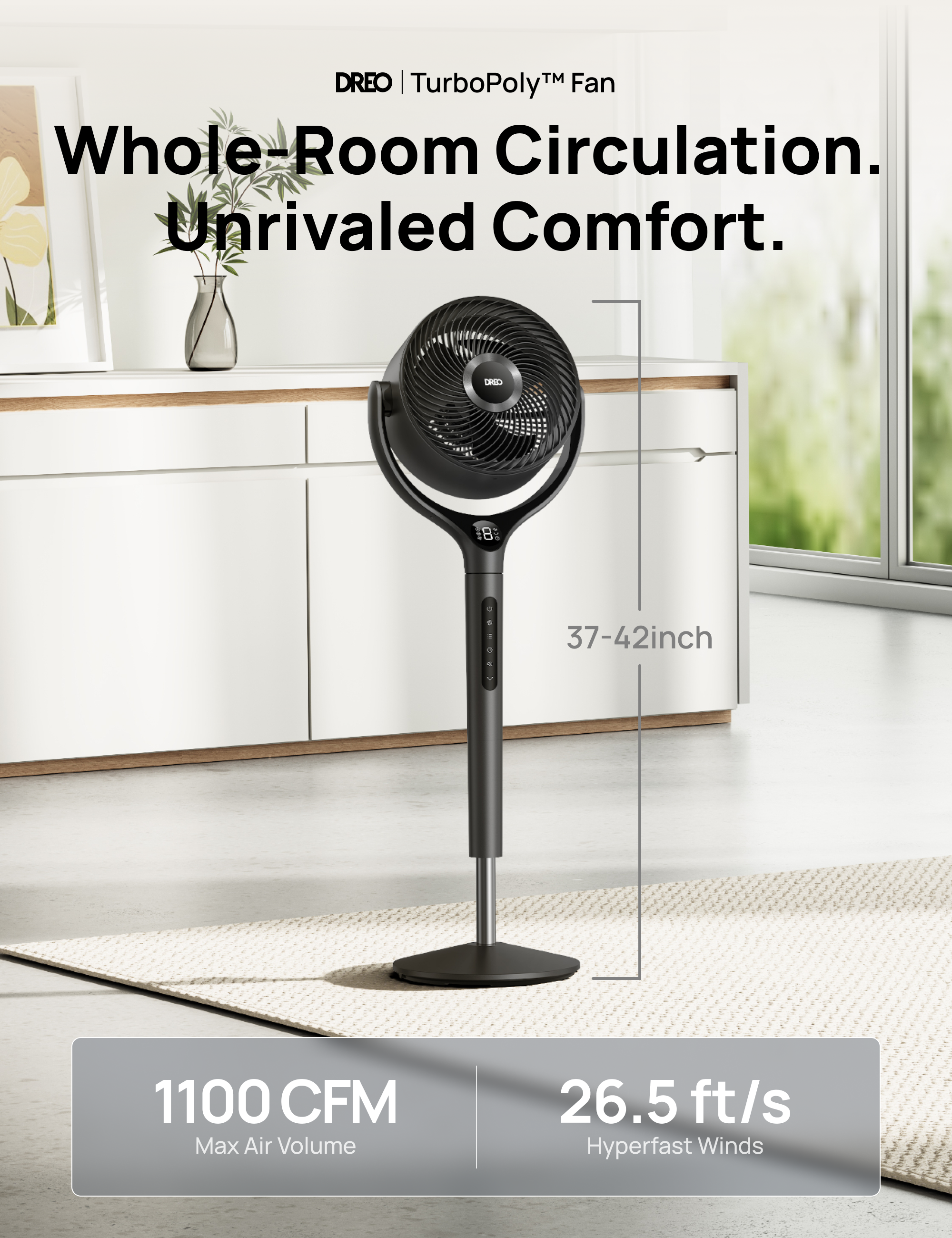 DREO | TurboPoly™ Fan  
Whole-Room Circulation.  
Unrivaled Comfort.  

LRNO 8: 37-42inch  
1100 CFM Max Air Volume  
26.5 ft/s Hyperfast Winds