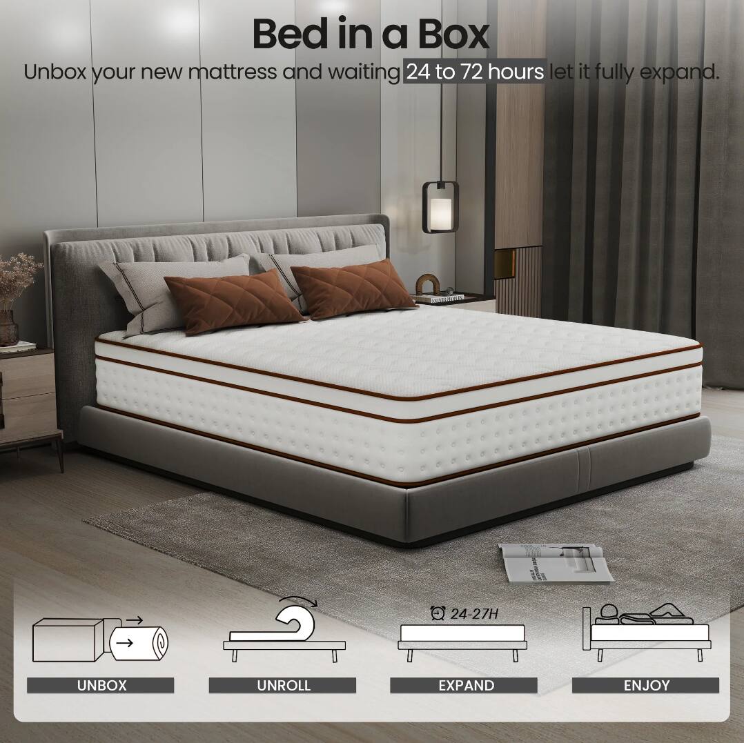 Bed in a Box
Unbox your new mattress and wait 24 to 72 hours to let it fully expand.
UNBOX
UNROLL
EXPAND (24-27H)
ENJOY
