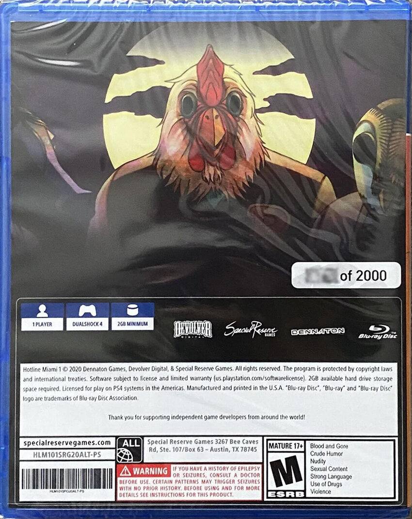 Sure, here is the corrected and grouped text from the image:

---

**Front Cover:**

- Hotline Miami 1
- 1 PLAYER
- DUALSHOCK 4
- 2GB MINIMUM
- DENNATON
- Special Reserve Games
- Blu-ray Disc

**Back Cover:**

- Hotline Miami 1 © 2020 Dennaton Games, Devolver Digital, & Special Reserve Games. All rights reserved. The program is protected by copyright laws and international treaties. Software subject to license and limited warranty (us.playstation.com/softwarelicense). 2GB available hard drive storage space required. Licensed for play on PS4 systems in the Americas. Manufactured and printed in the U.S.A. *Blu-ray Disc", "Blu-ray" and "Blu-ray Disc logo are trademarks of Blu-ray Disc Association.
- Thank you for supporting independent game developers from around the world!
- specialreservegames.com
- 3267 Bee Caves Rd, Ste. 107/Box 63 Austin, TX 78745
- HLM101SRG20ALT-PS
- MATURE 17+ Blood and Gore