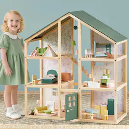 Tiny Land - 3-Story Wooden Dollhouse with 6 Rooms, 31-Piece Furniture Set, Open-Back Design, Dolls Not Included - Green