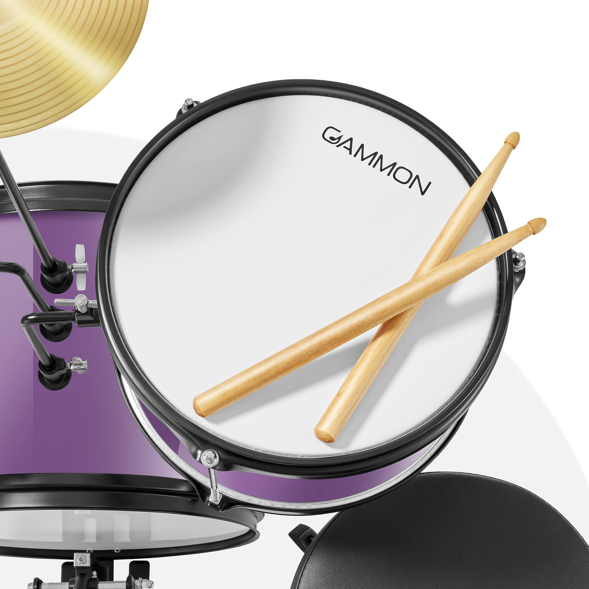 Alt View 3. Gammon Percussion - 3pc Junior Drum Set - Beginner Kit with Throne - Cymbal - Drumsticks - Purple.