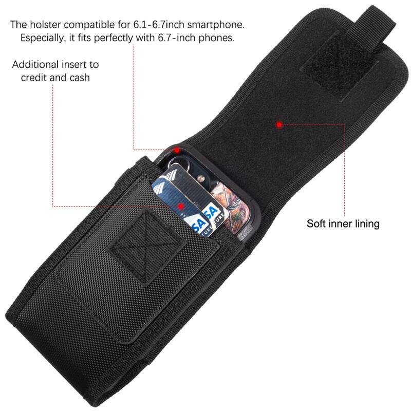 The holster compatible for 6.1-6.7inch smartphone. Especially, it fits perfectly with 6.7-inch phones. Additional insert to credit and cash. Soft inner lining.