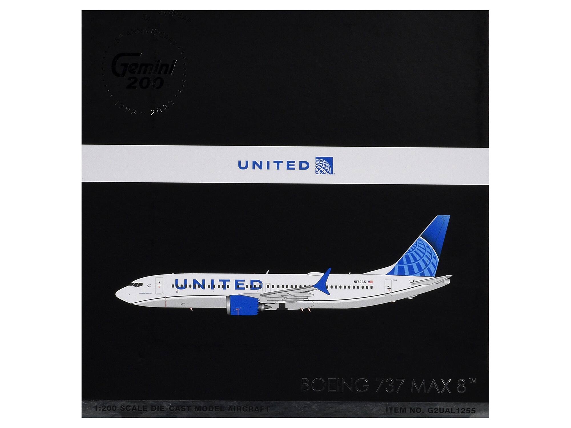 Sure, here is the corrected and grouped text from the image:

---

**Gemini 200**

**UNITED**

**BOEING 737 MAX 8™**

**1:200 SCALE DIE-CAST MODEL AIRCRAFT**

**ITEM NO. G2UAL1255**

---

This text is arranged as it appears on the packaging.