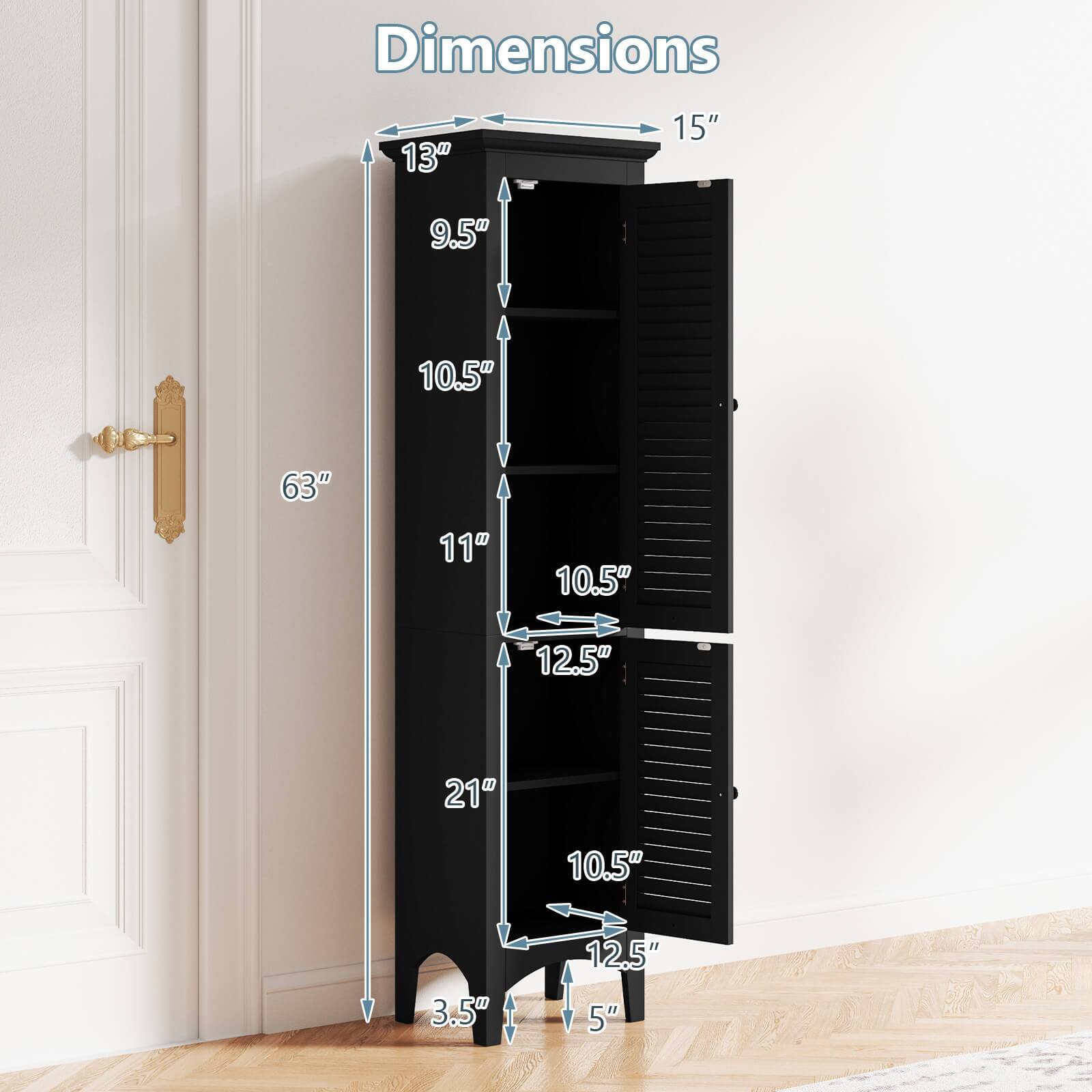 Dimensions:  
- Width: 15"  
- Height: 63"  
- Depth: 13"  
- Shelf 1: 11" (width) x 10.5" (depth)  
- Shelf 2: 10.5" (width) x 12.5" (depth)  
- Shelf 3: 10.5" (width) x 12.5" (depth)  
- Shelf 4: 10.5" (width) x 5" (depth)  
- Bottom shelf: 21" (width) x 3.5" (depth)