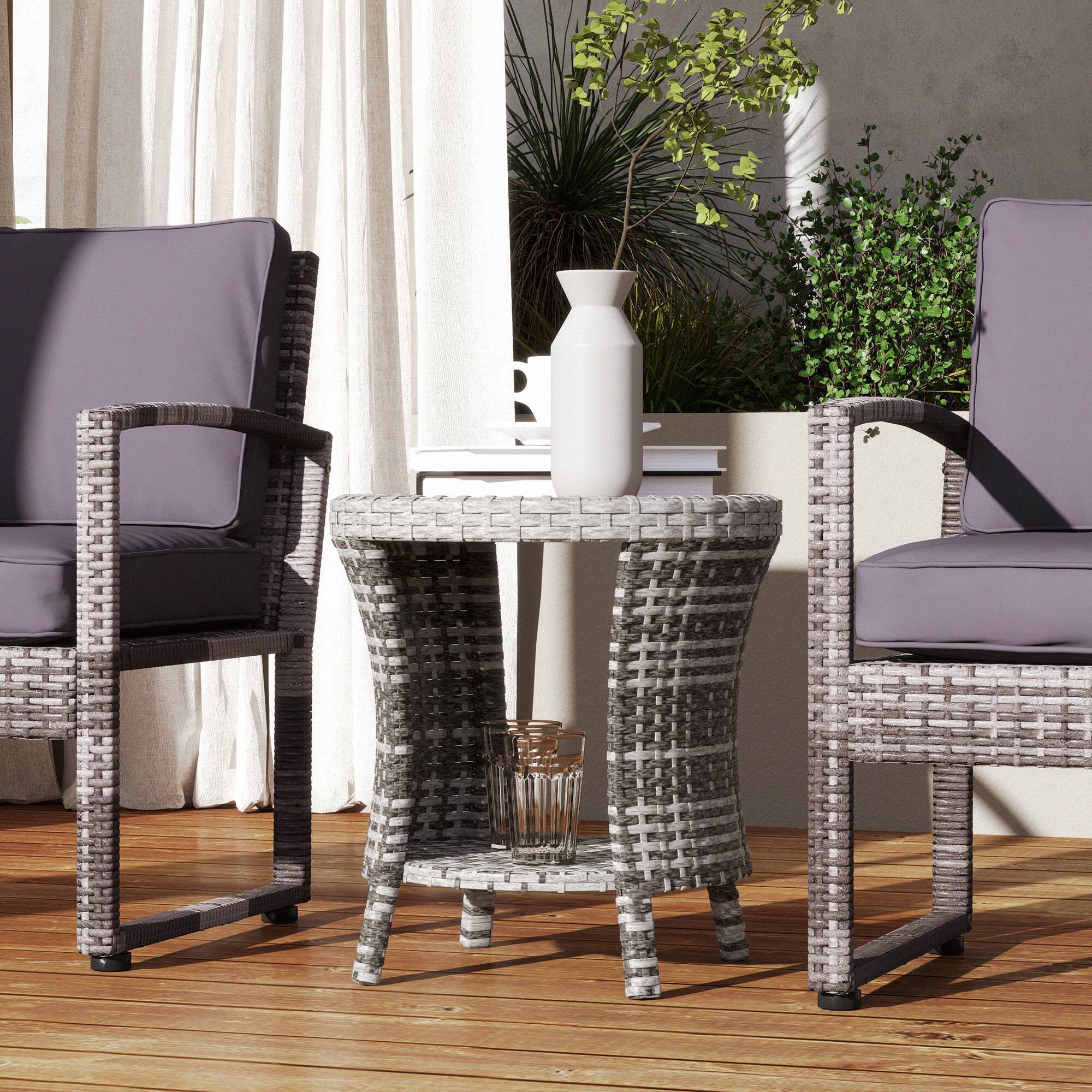 Alt View 7. Outsunny - 18" Outdoor Wicker Coffee Table, 2-Tier Patio Side Table with Storage, PE Rattan Outdoor Coffee Table - Mixed Gray.