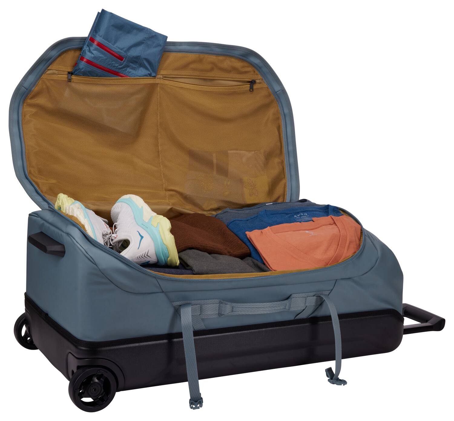 Left. Thule - Chasm Wheeled Adventure Duffle – Rugged & Spacious - Pond Gray.