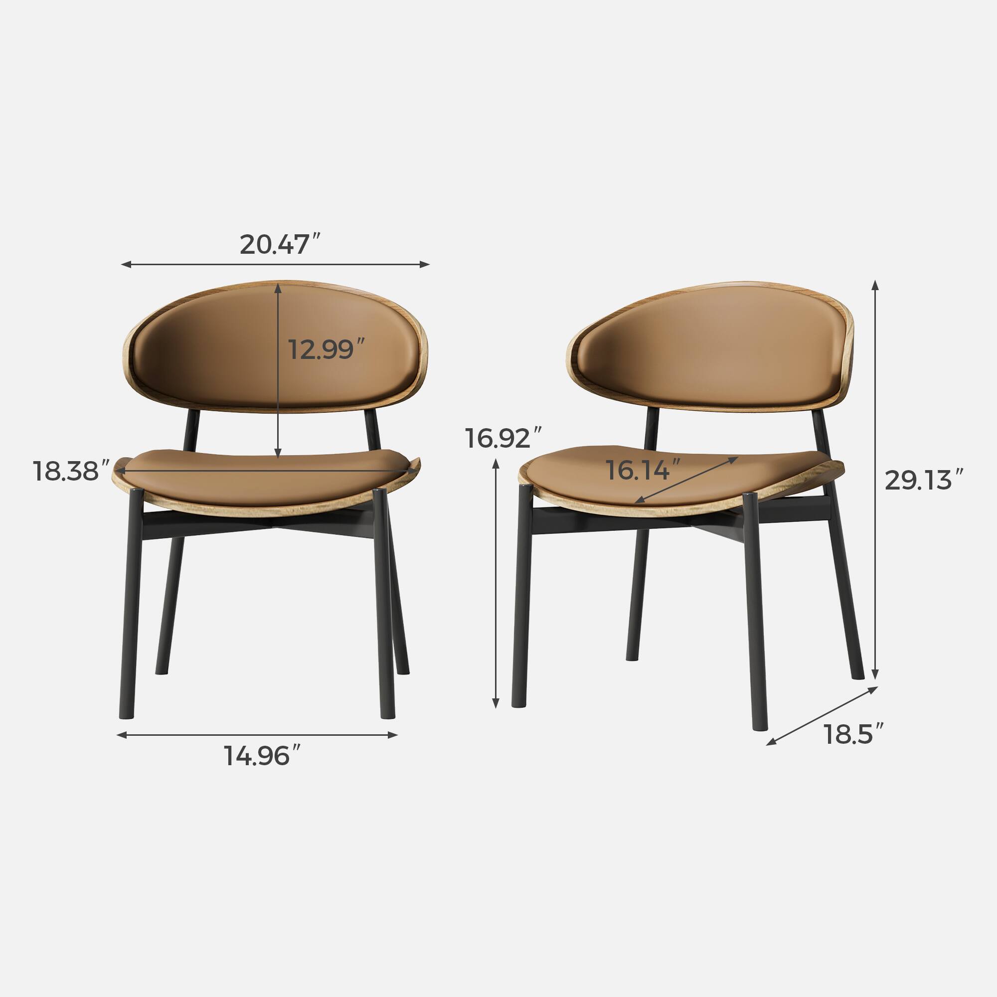 The dimensions of the chair are:

- Width: 18.38"
- Depth: 16.92"
- Height: 29.13"
- Seat width: 16.14"
- Seat depth: 12.99"
- Back height: 20.47"
- Leg width: 14.96"
- Leg height: 18.5"