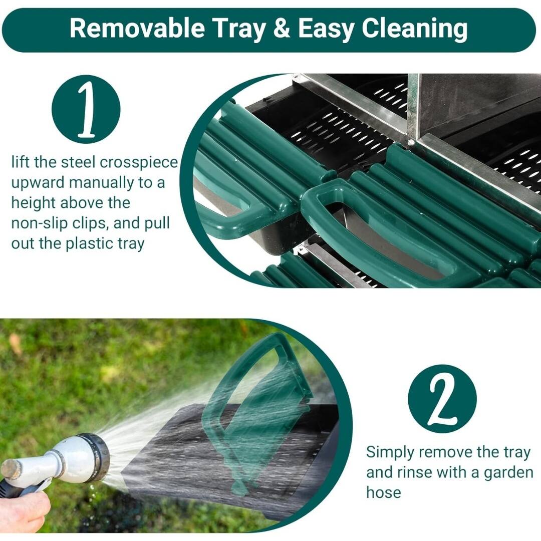 Removable Tray & Easy Cleaning

1. Lift the steel crosspiece upward manually to a height above the non-slip clips, and pull out the plastic tray.

2. Simply remove the tray and rinse with a garden hose.