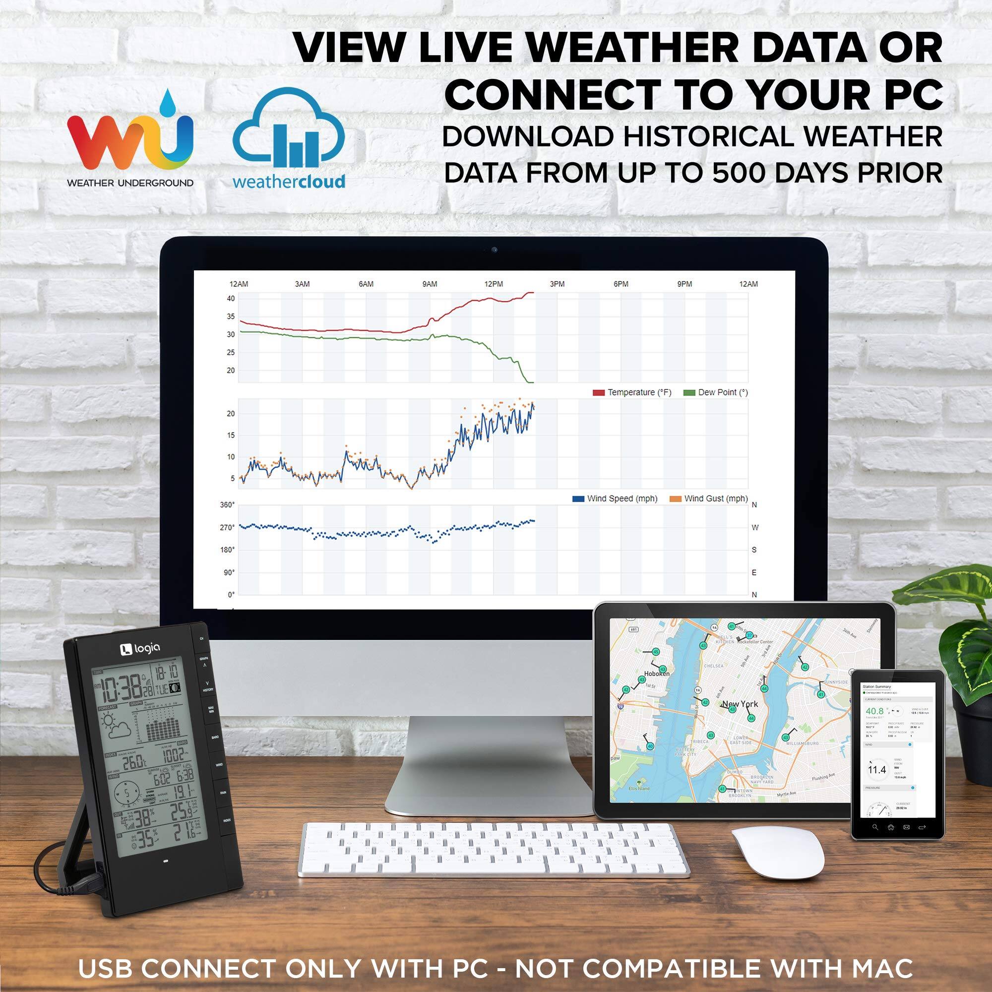 VIEW LIVE WEATHER DATA OR CONNECT TO YOUR PC  
DOWNLOAD HISTORICAL WEATHER DATA FROM UP TO 500 DAYS PRIOR  

WEATHER UNDERGROUND  
weathercloud  

USB CONNECT ONLY WITH PC - NOT COMPATIBLE WITH MAC