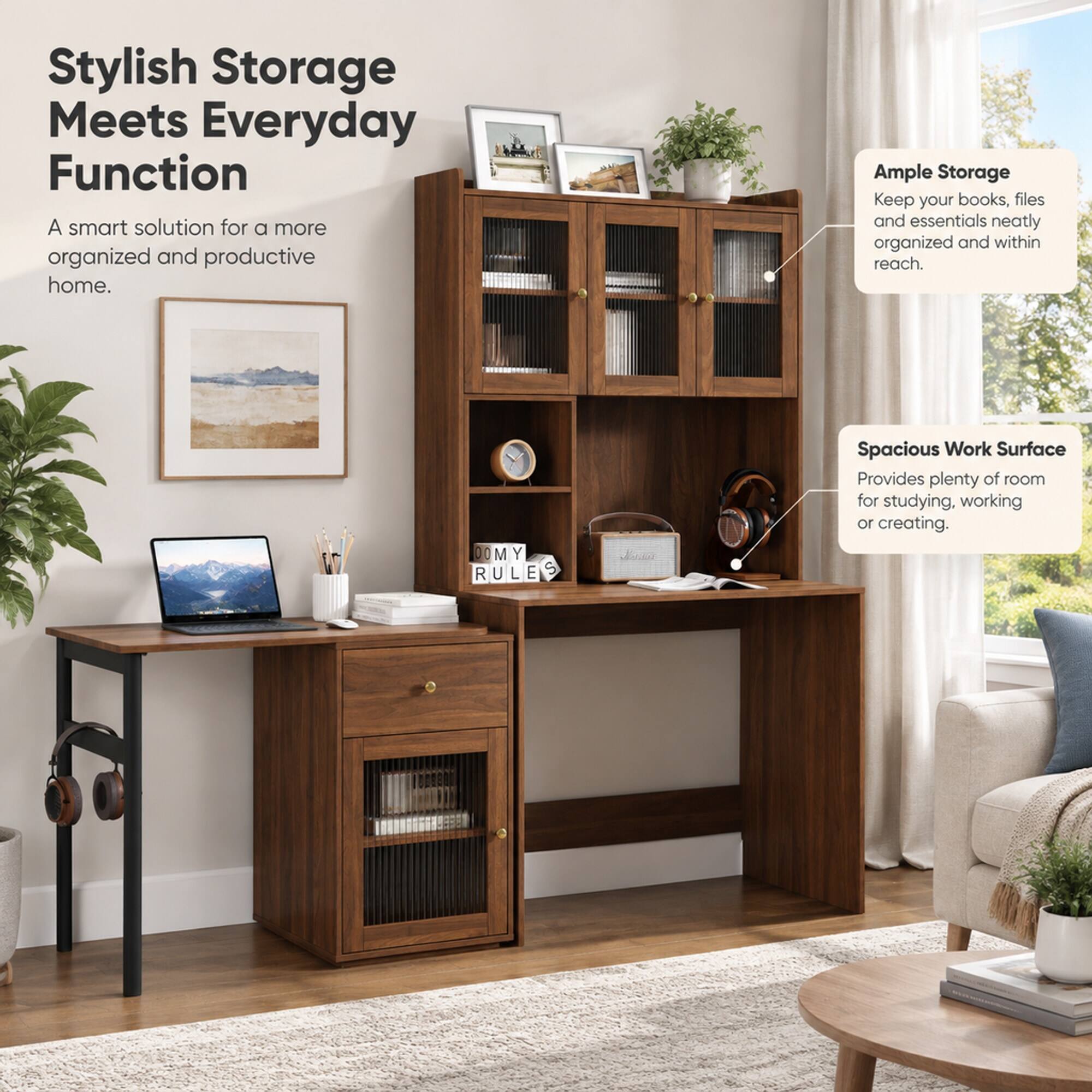 Stylish Storage Meets Everyday Function  
A smart solution for a more organized and productive home.  

Ample Storage  
Keep your books, files and essentials neatly organized and within reach.  

Spacious Work Surface  
Provides plenty of room for studying, working or creating.