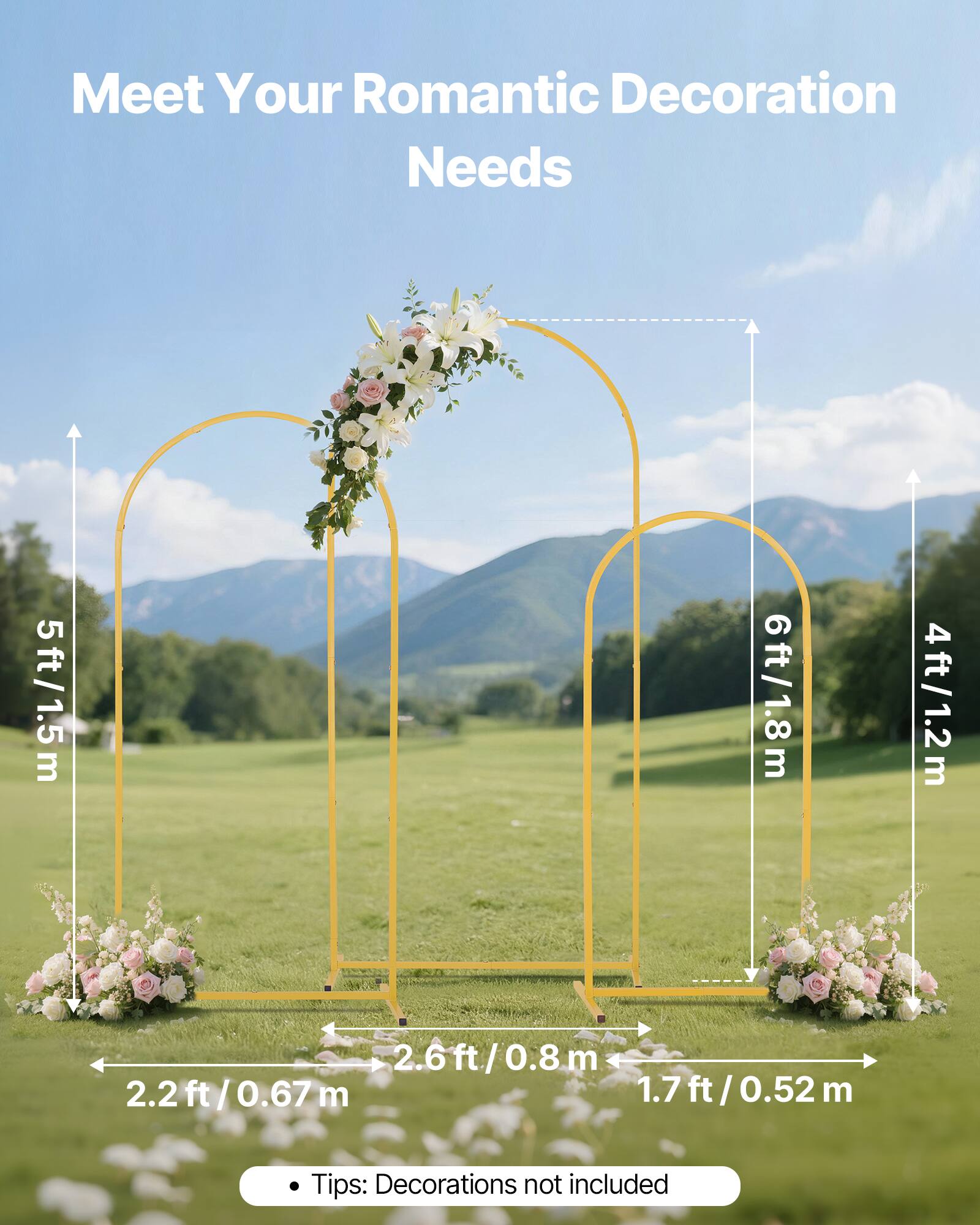 Meet Your Romantic Decoration Needs

5ft/1.5m  
6ft/1.8m  
4ft/1.2m  
2.6ft/0.8m  
0.8m  
2.2ft/0.67m  
1.7ft/0.52m  

Tips: Decorations not included