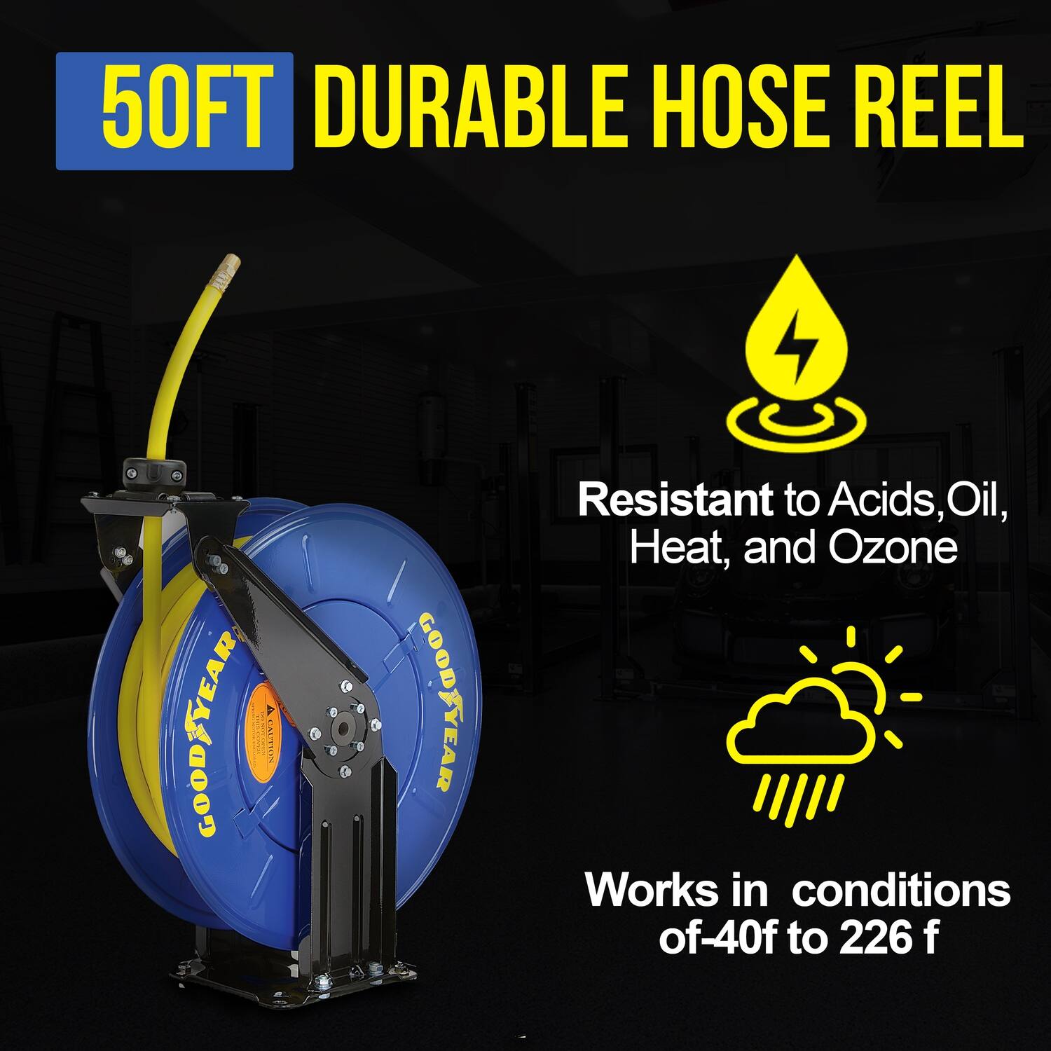 50FT DURABLE HOSE REEL

- Resistant to Acids, Oil, Heat, and Ozone
- Works in conditions of -40°F to 226°F