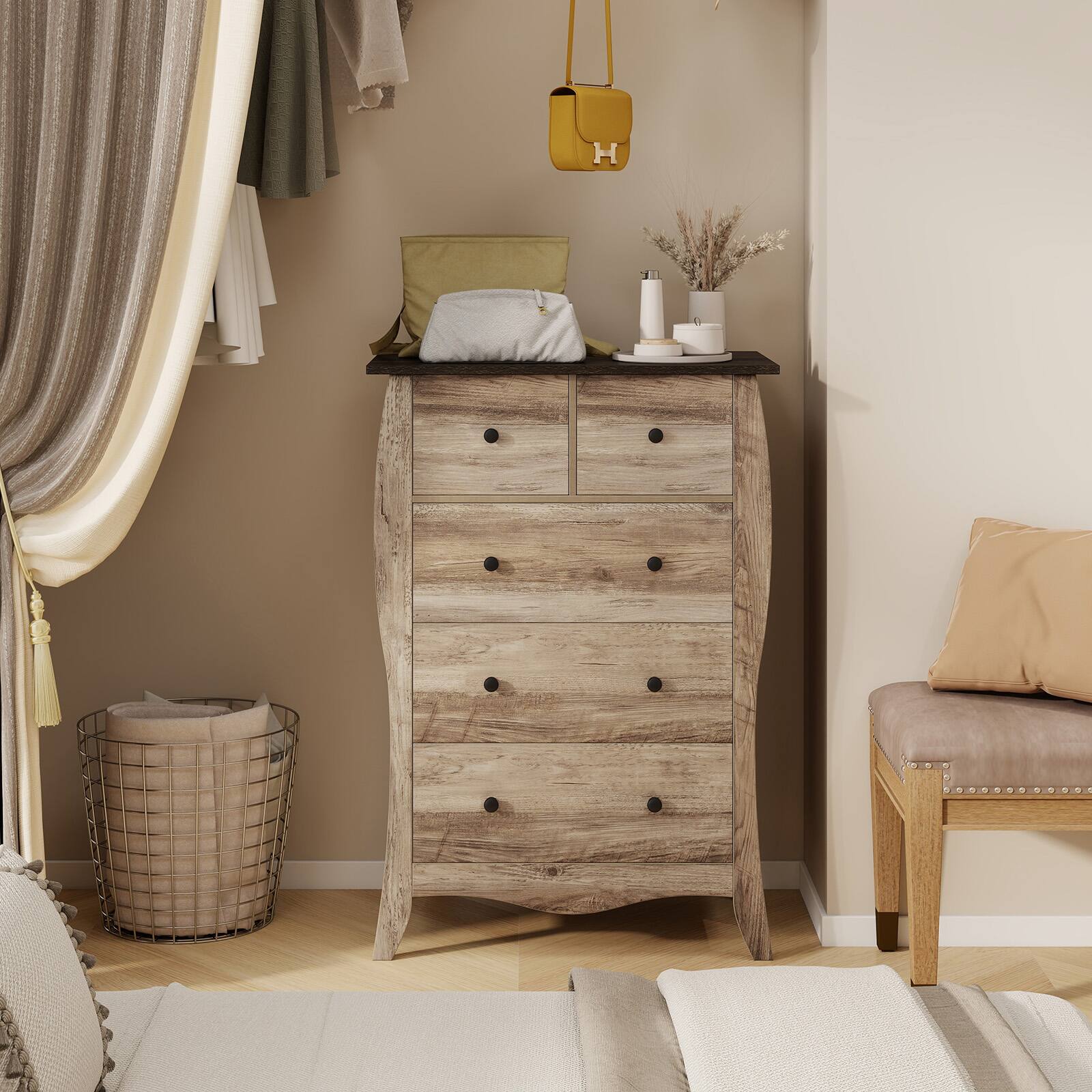 Alt View 1. Gymax - Gymax 38'' Farmhouse Chest of Drawers w/ 5 Folding Fabric Drawers & Anti-tipping Kit Brown - Brown.