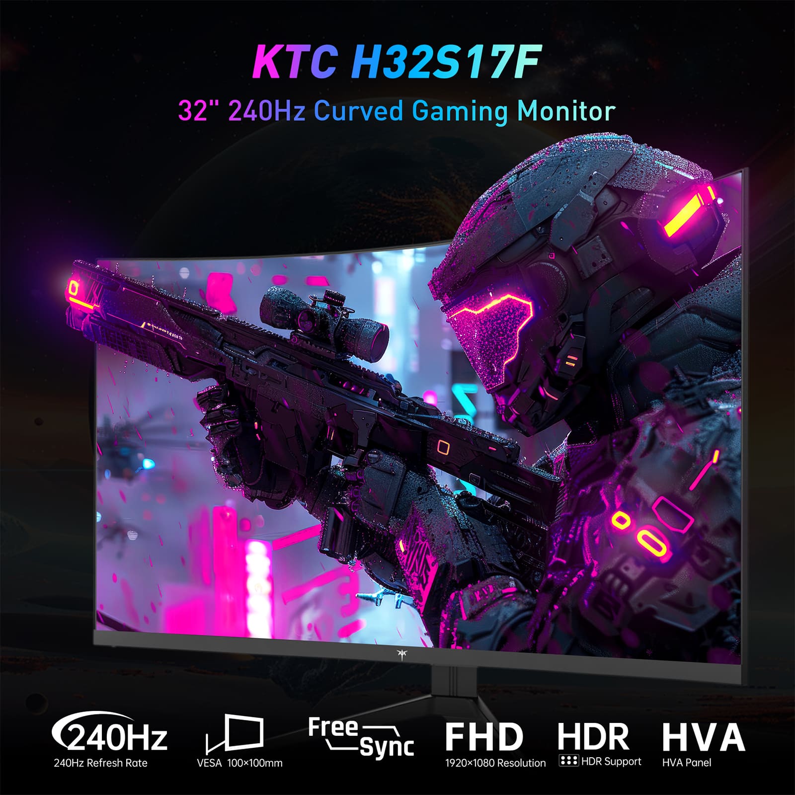KTC H32S17F 32" 240Hz Curved Gaming Monitor with Free 240Hz Sync, FHD HDR HVA, HDR Support, 240Hz Refresh Rate, VESA 100*100mm, 1920*1080 Resolution, HVA Panel.