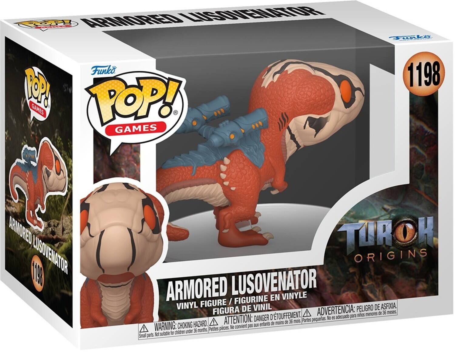 OP ARMORED LUSOVENATOR Funko POP! GAMES Tunkl E 1198 ARMORED LUSOVENATOR TURBO ORIGINS ARMORED LUSOVENATOR FIGURINE EN VINYLE FIGURE / VINYL DE VINIL ADVERTENCIA: PELIGRO DE ASFIXIA, FIGURA D'ÉTOUFFEMENT. Niños menores de 36 meses. DANGER: Not suitable for children under 36 months. ATTENTION: moins de 36 mois. Partes pequeñas. CHOKING HAZARD. ax enfants de moins de 36 mois. Petites pièces. Not suitable for children under 36 months.