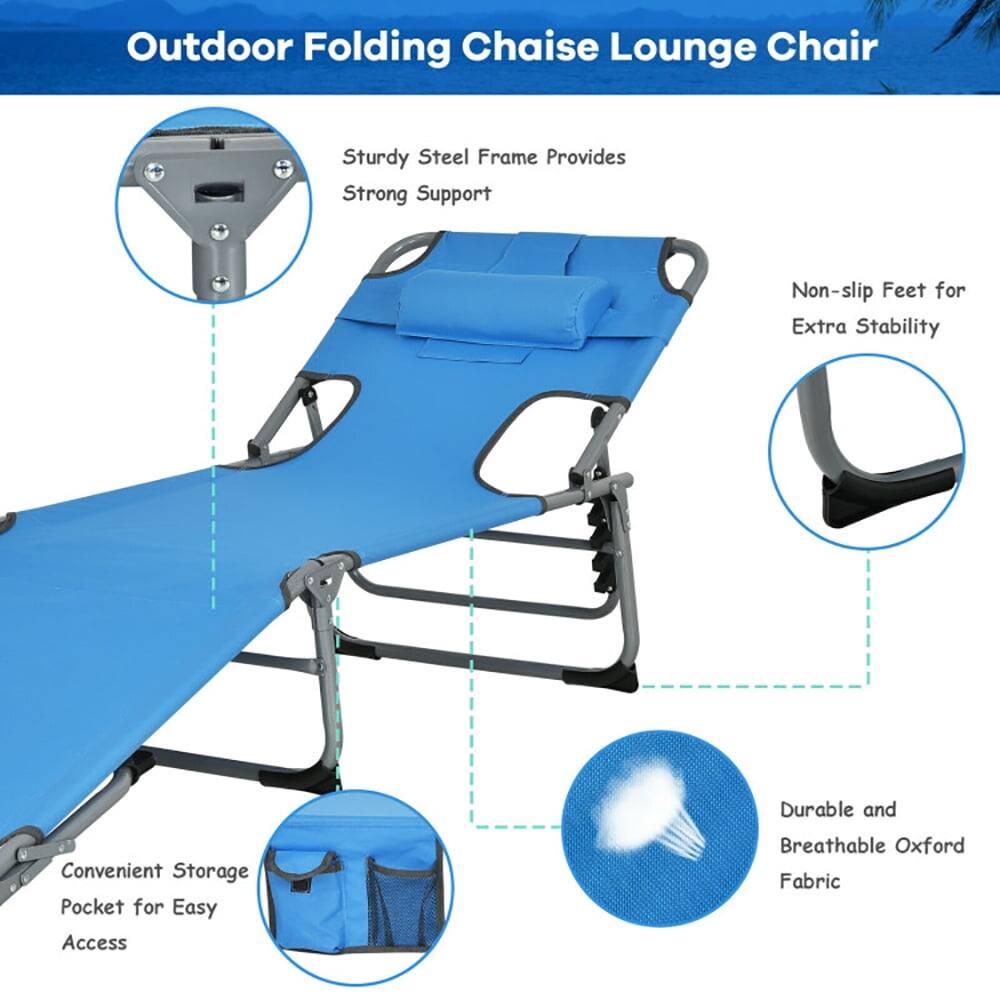 Outdoor Folding Chaise Lounge Chair

- Sturdy Steel Frame Provides Strong Support
- Non-slip Feet for Extra Stability
- Convenient Storage Pocket for Easy Access
- Durable and Breathable Oxford Fabric