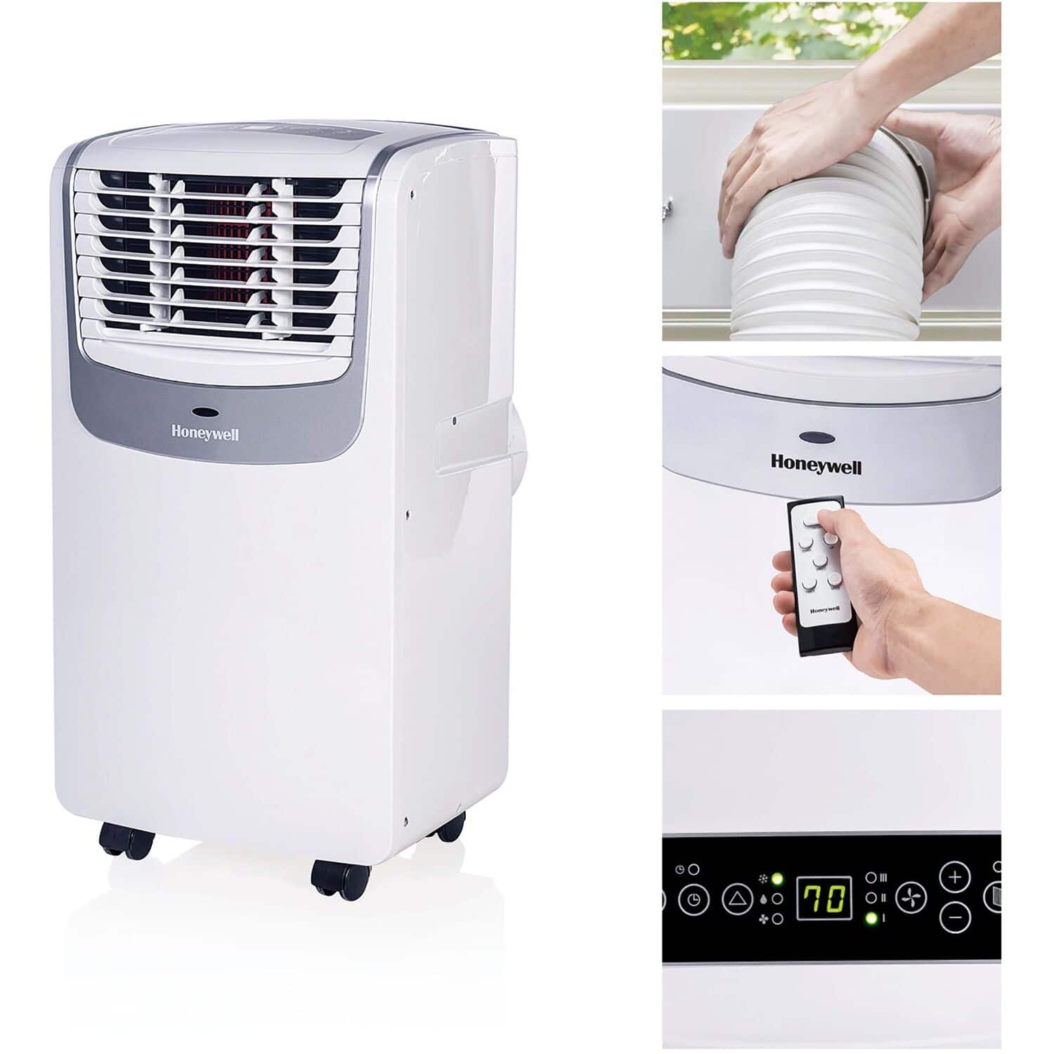 Front. Honeywell - White/Silver 9,100 BTU (ASHRAE)/6,100 BTU (SACC) Portable Air Conditioner - White/Silver.