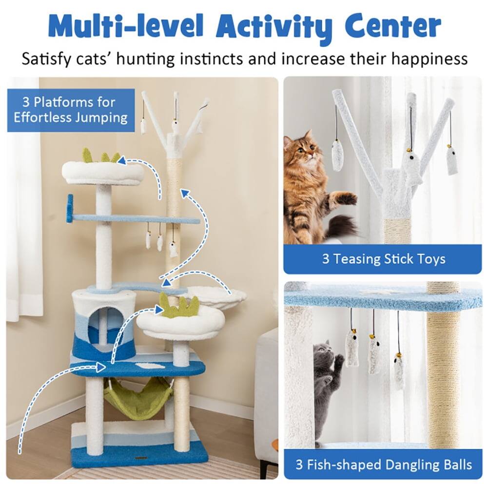 Multi-level Activity Center  
Satisfy cats' hunting instincts and increase their happiness  

3 Platforms for Effortless Jumping  
3 Teasing Stick Toys  
3 Fish-shaped Dangling Balls