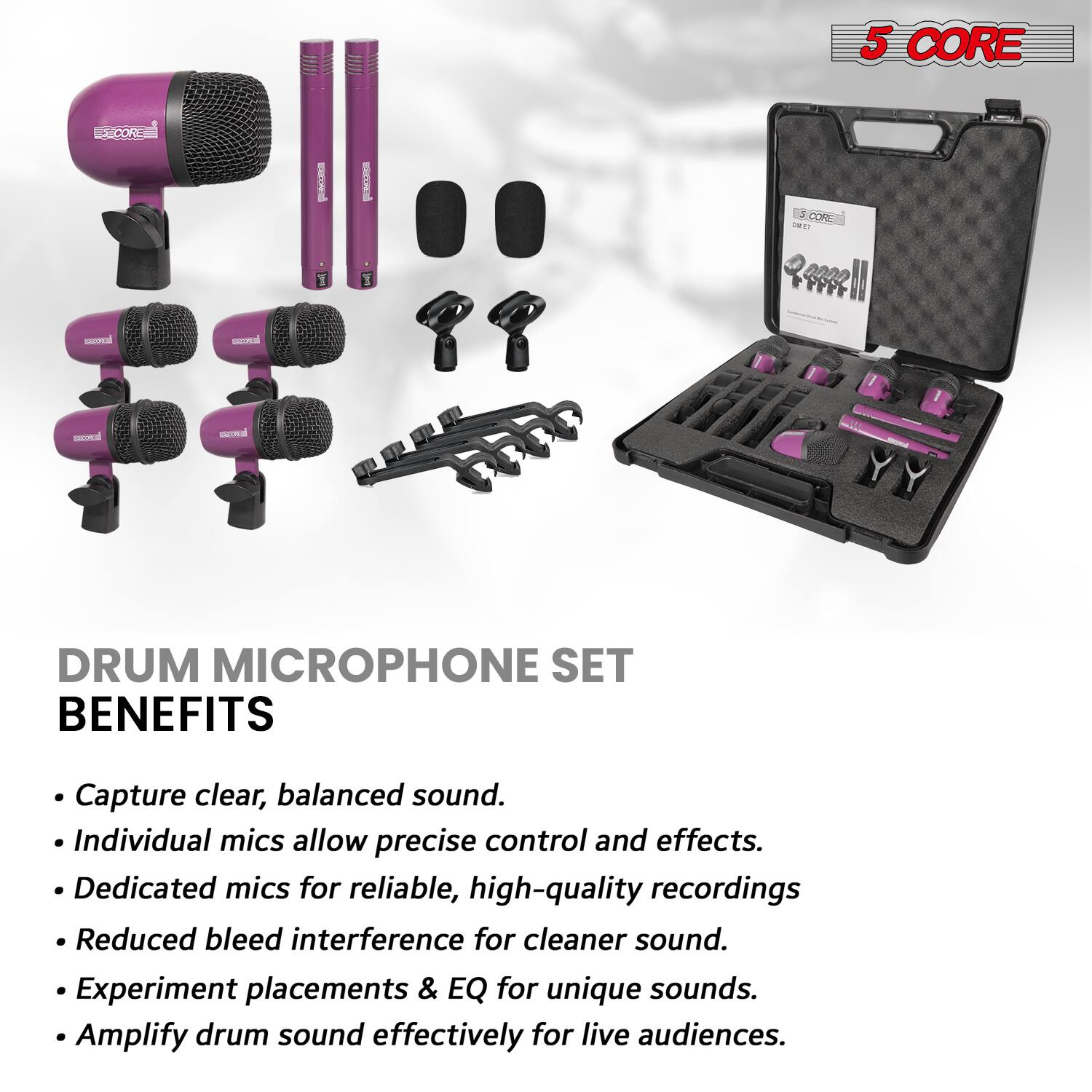 5 CORE

DRUM MICROPHONE SET

BENEFITS

- Capture clear, balanced sound.
- Individual mics allow precise control and effects.
- Dedicated mics for reliable, high-quality recordings.
- Reduced bleed interference for cleaner sound.
- Experiment placements & EQ for unique sounds.
- Amplify drum sound effectively for live audiences.