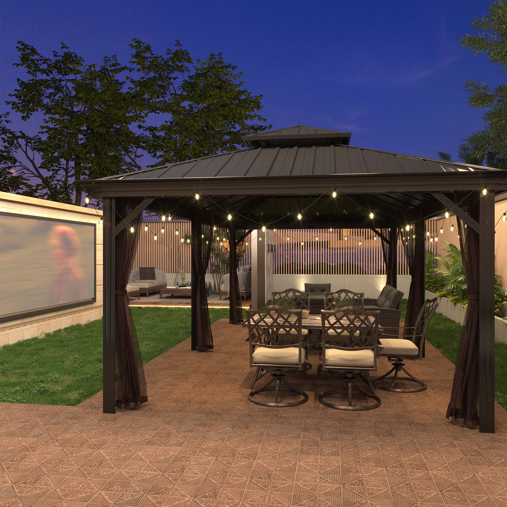 Angle. Mondawe - 12x20Ft Hardtop Gazebo with Iron Double Roof Aluminum Frame and Nettings - Black+Brown.