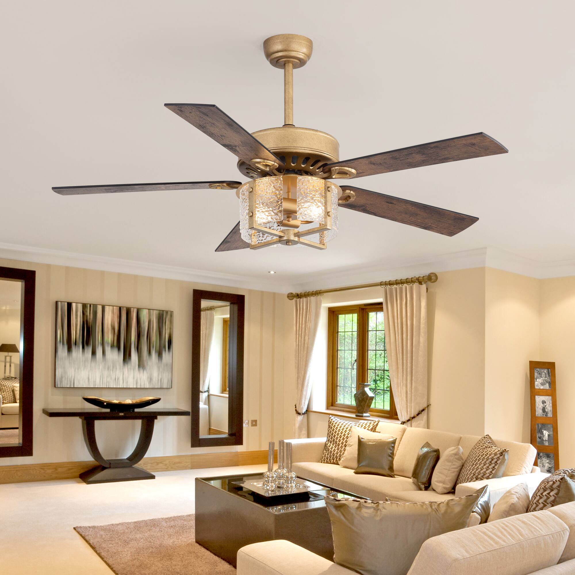 Alt View 2. Breezary - 52-Inch Large Ceiling Fan with Light Fixture, 5 Dual-Finish Plywood Blades, DC Motor, Remote Control, 5/10-Inch Downrods - Brushed Gold with Black and Rich Walnut.