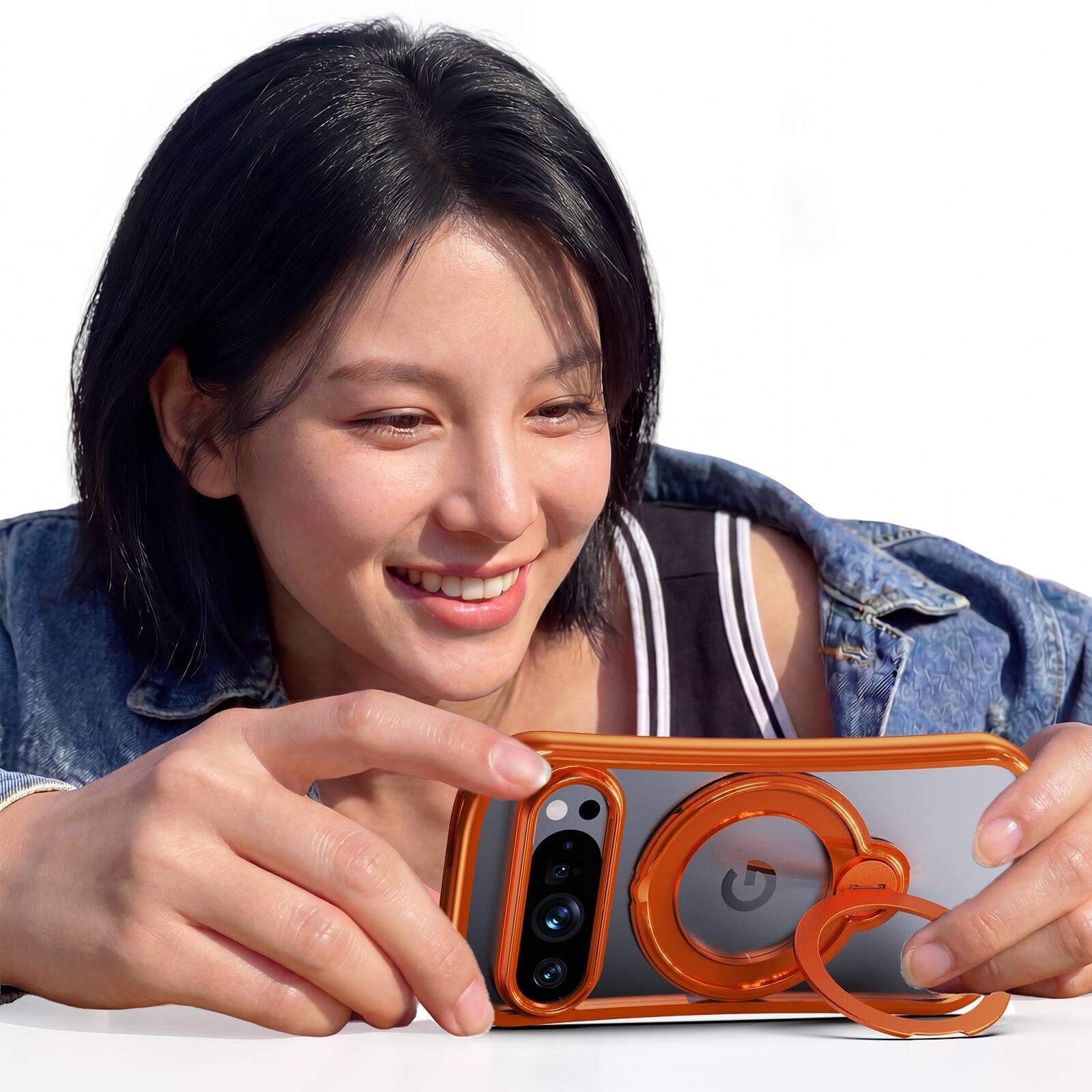 Angle. Dteck - Hands-Free Crossbody Magnetic Case for Google Pixel 10 Pro XL with 360 Ring Stand, Clear Shockproof TPU Protective Cover - Orange.