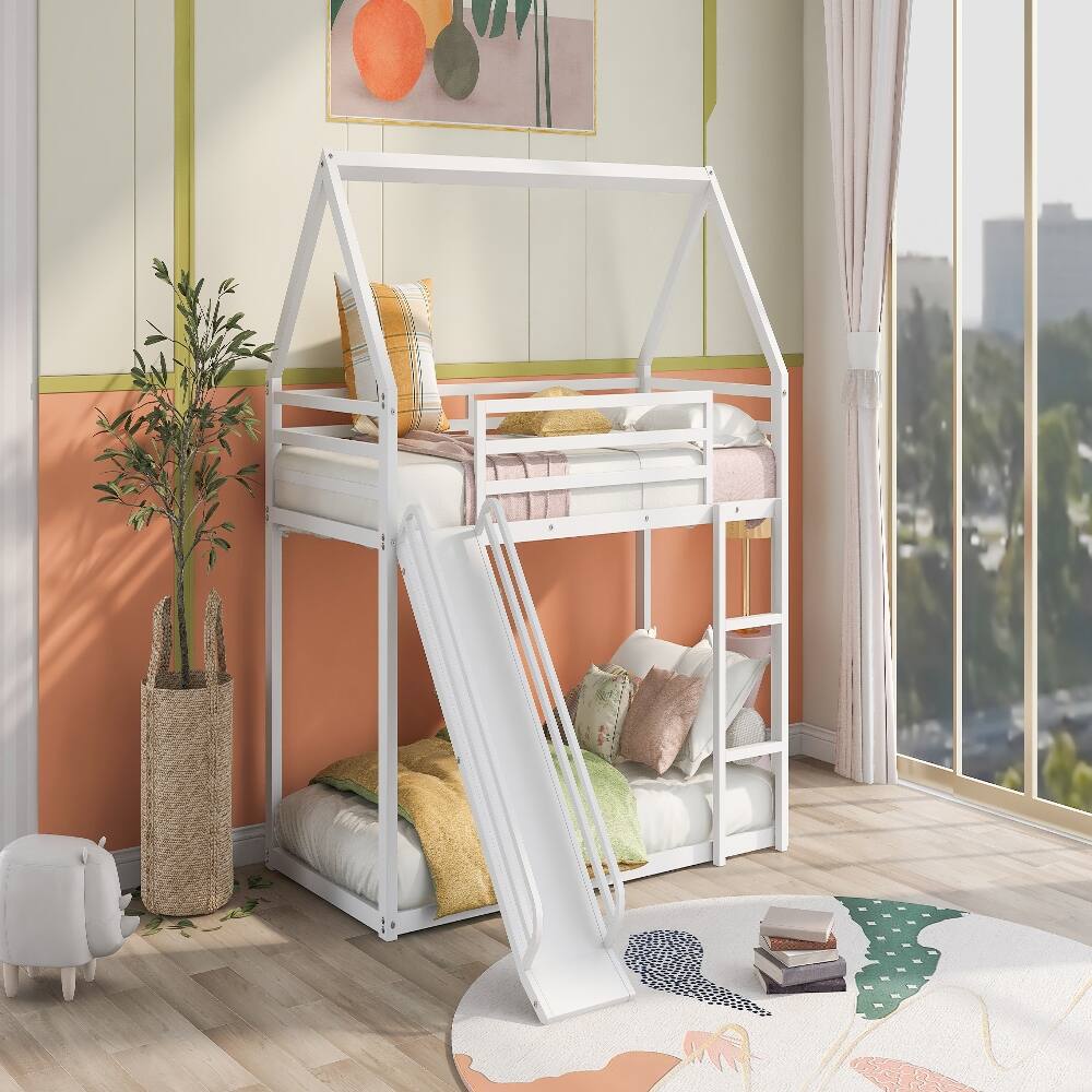 Left. Loheer - Loheer Twin over Twin House Bunk Bed with Slide White Metal Frame - White.