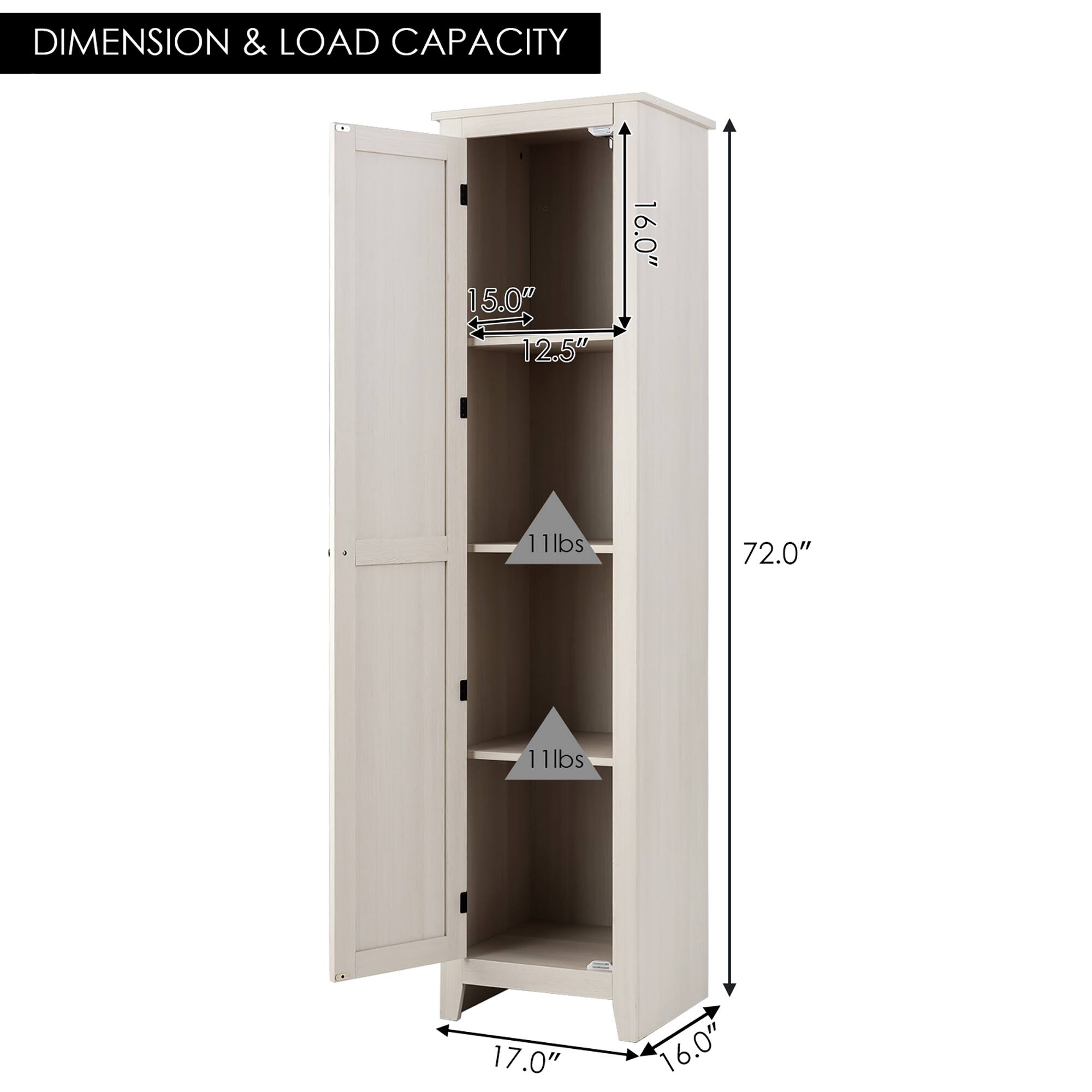 DIMENSION & LOAD CAPACITY

- 15.0" x 12.5" x 16.0" - 11 lbs
- 72.0" - 11 lbs
- 17.0" x 16.0"
