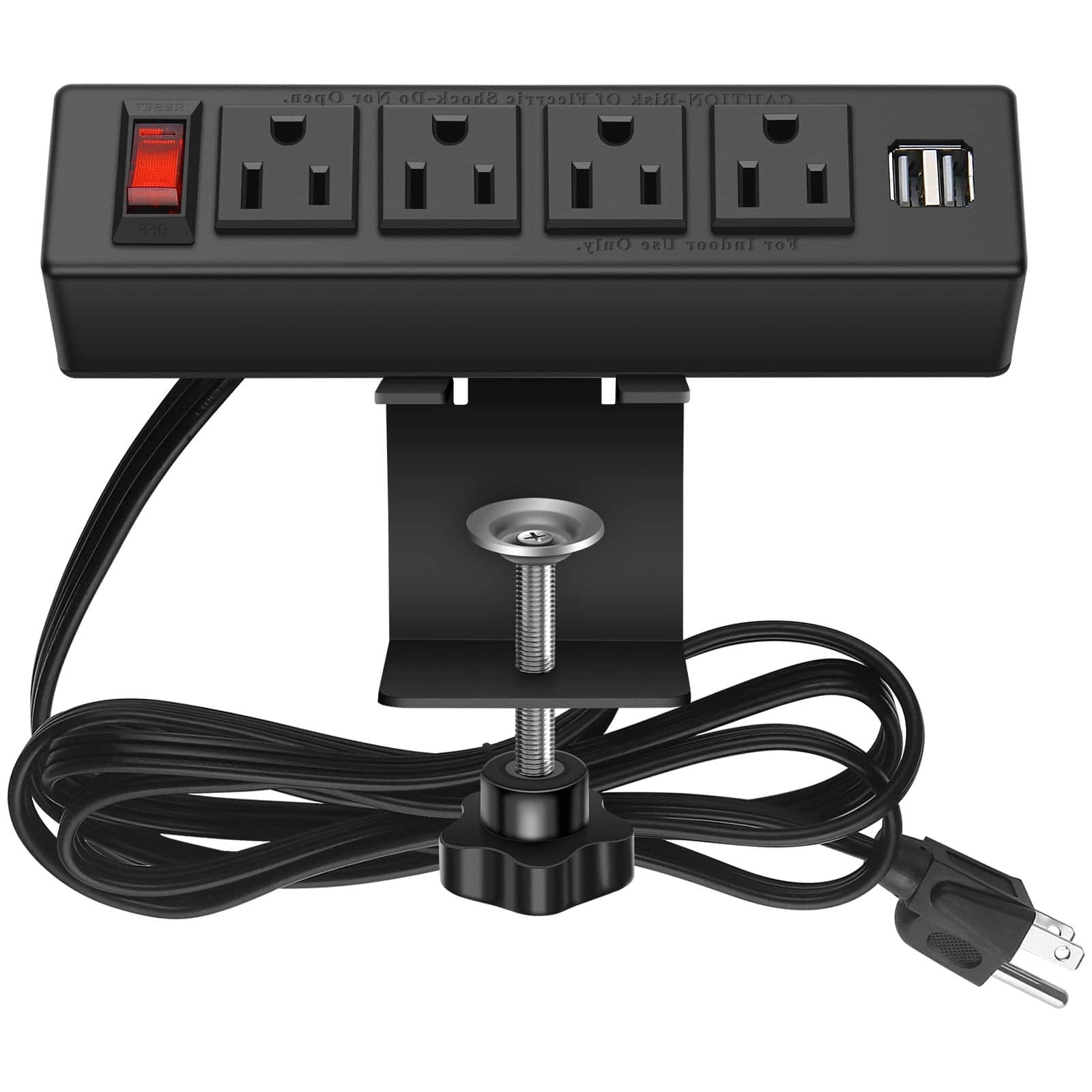 Dazzed Corner - Desk Clamp Power Strip, Power Outlet Clamp Mount with 2 USB Ports, 4 AC Outlets - Black