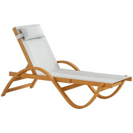 Front. Outsunny - Larch Wood Lounge Chair, 4-Level Adjustable Tanning Chair, Full Flat Patio Lounger with Mesh Seat - Cream White.