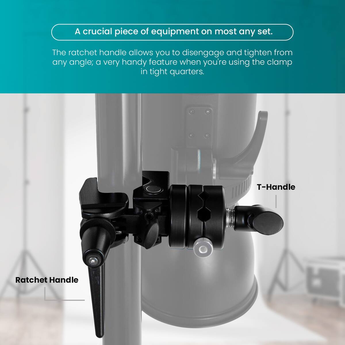 A crucial piece of equipment on most any set. The ratchet handle allows you to disengage and tighten from any angle; a very handy feature when you're using the clamp in tight quarters. T-Handle Ratchet Handle