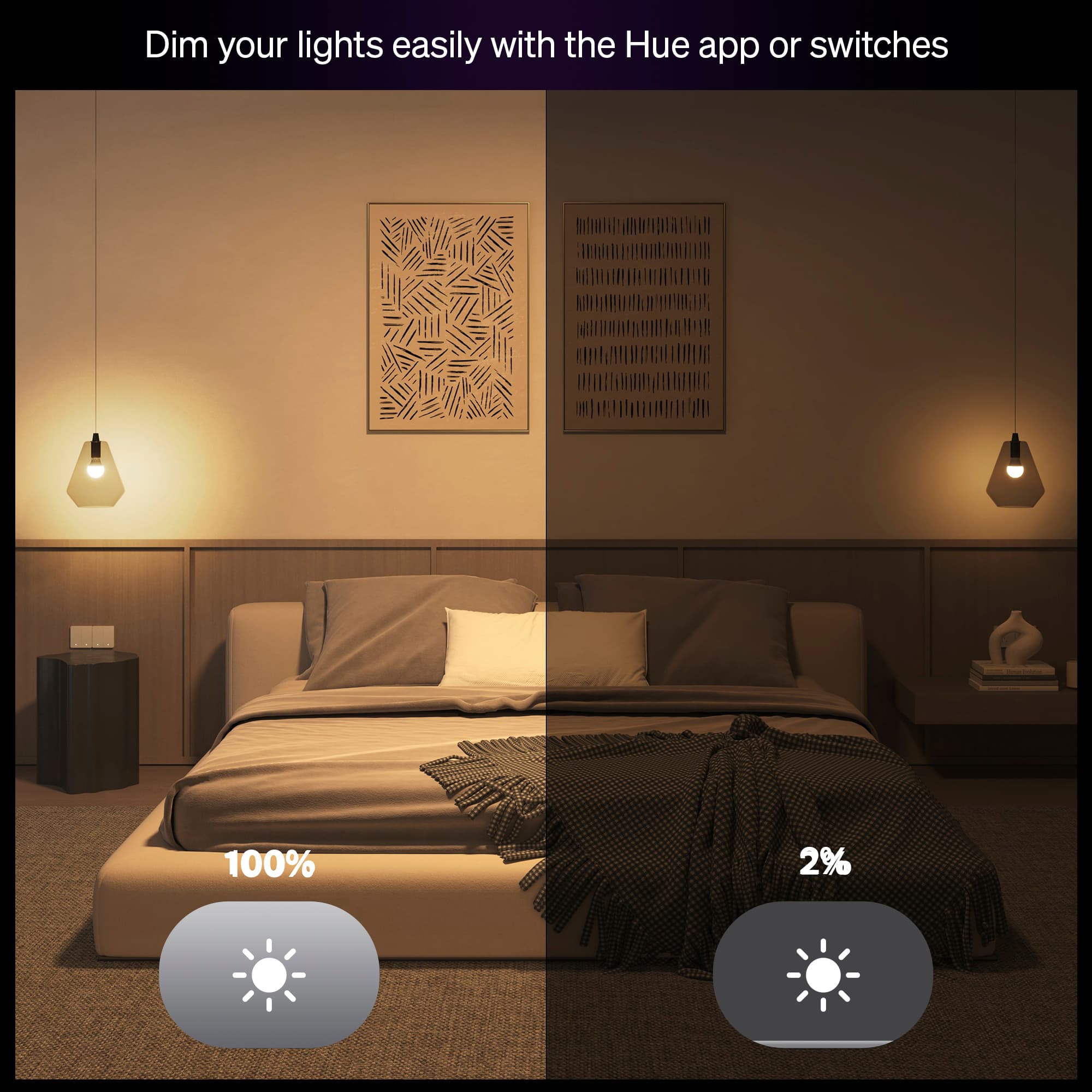 Dim your lights easily with the Hue app or switches
100%
2%