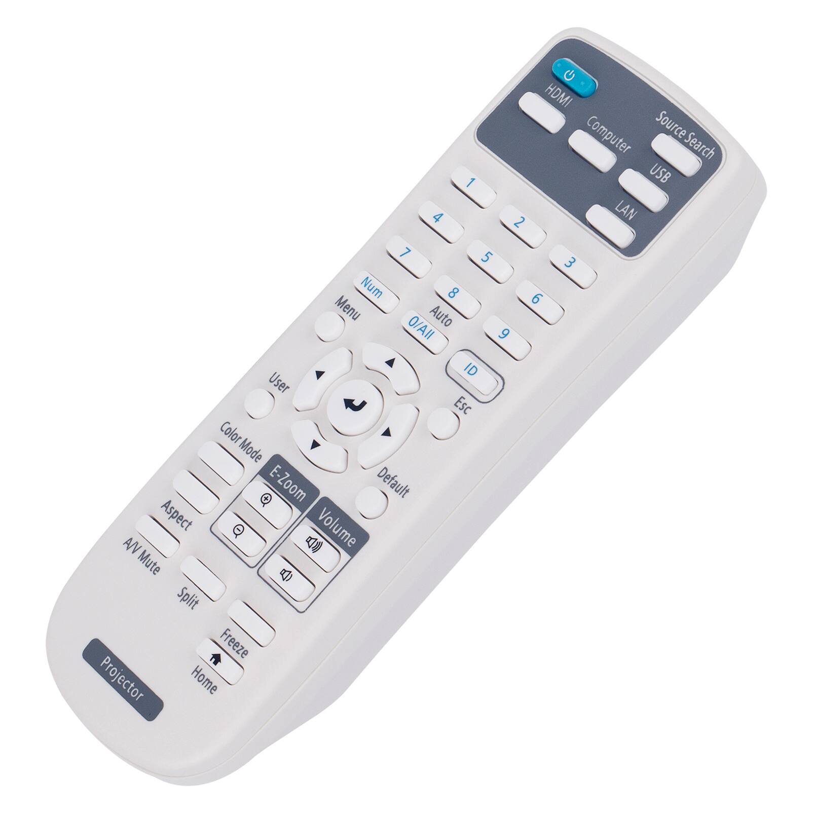 HDMI  
Computer  
Source Search  
USB  
LAN  
1  
2  
3  
4  
5  
6  
7  
8  
9  
0/All  
Auto  
ID  
Esc  
Num  
Menu  
Color Mode  
E-Zoom  
Default  
Aspect  
AV Mute  
Volume  
Mute  
Split  
Freeze  
Projector  
Home