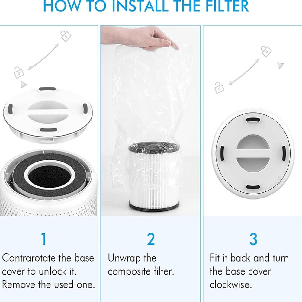 HOW TO INSTALL THE FILTER

1. Contrarotate the base cover to unlock it. Remove the used one.
2. Unwrap the composite filter.
3. Fit it back and turn the base cover clockwise.