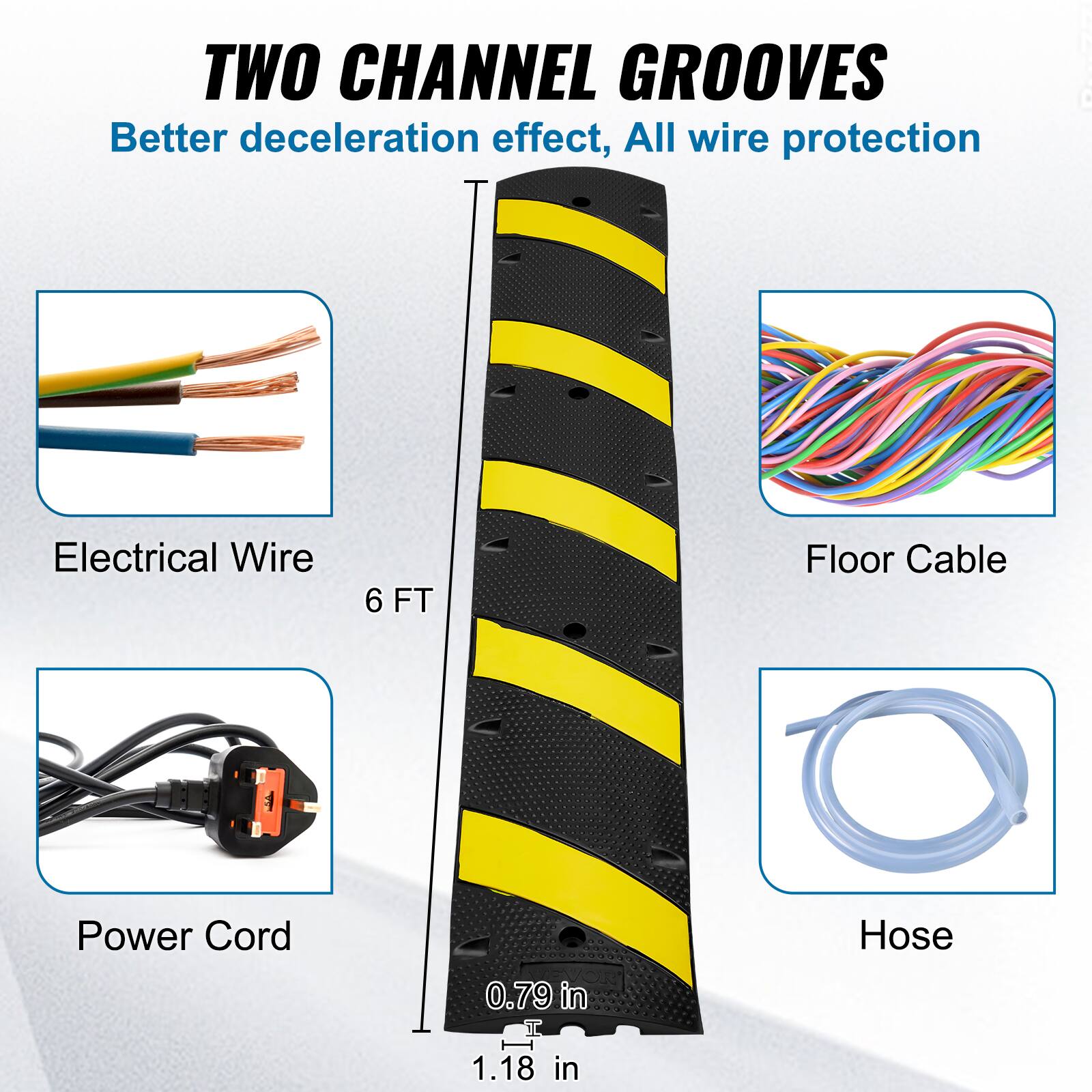 TWO CHANNEL GROOVES Better deceleration effect, All wire protection - Electrical Wire 6 FT Floor Cable Power Cord 0.79 in Hose 1.18 in