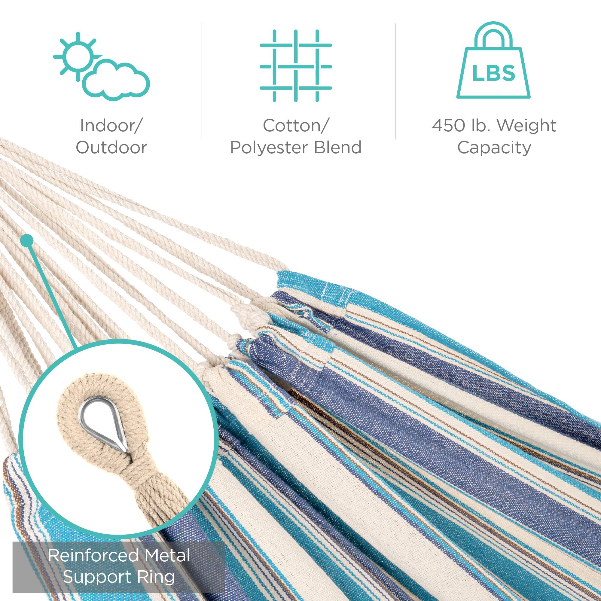 - Indoor/Outdoor
- Cotton/Polyester Blend
- 450 lb. Weight Capacity
- Reinforced Metal Support Ring