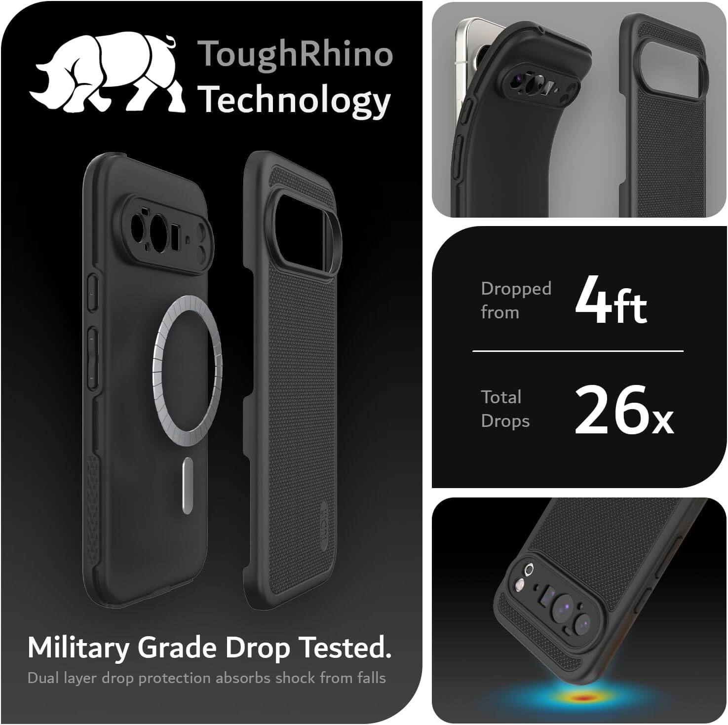ToughRhino Technology

Dropped from 4ft  
Total Drops 26x

Military Grade Drop Tested.  
Dual layer drop protection absorbs shock from falls
