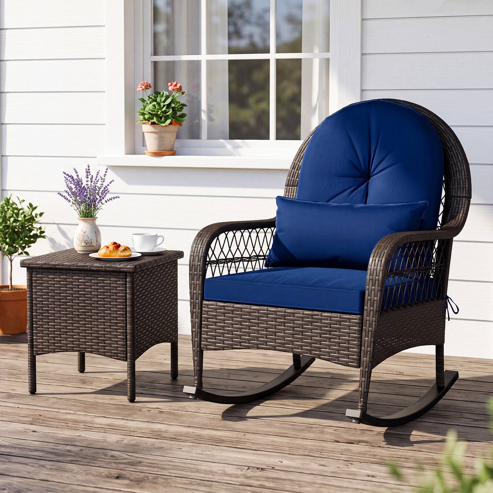 Alt View 1. Gymax - Gymax Outdoor Wicker Rocking Chair 400 LBS Patio Rattan Rocker Chair w/Thick Cushions Mix Brown & Navy Blue - Blue.