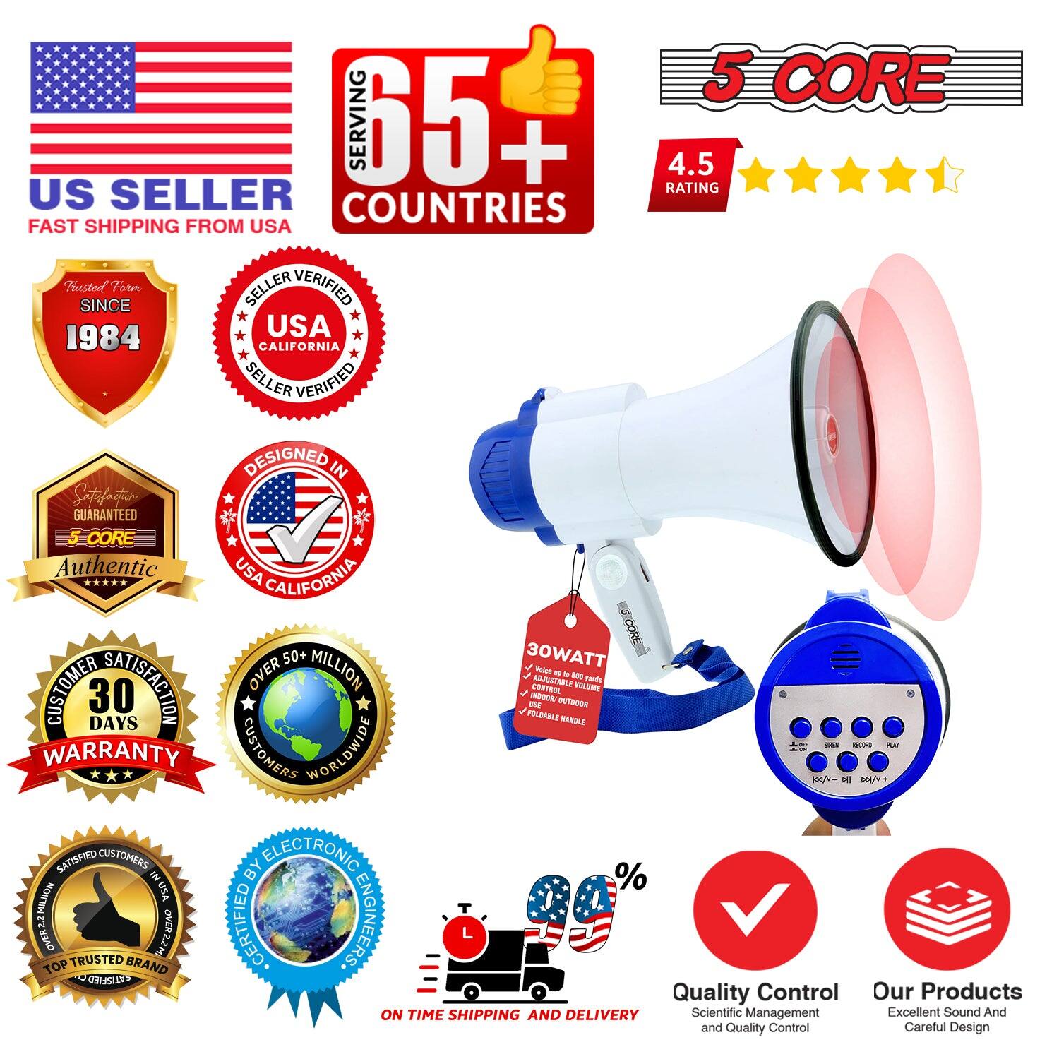 **US Seller**
- Fast Shipping from USA

**65+ Countries Served**

**5 Core**
- 4.5 Rating

**Trusted Since 1984**

**Seller Verified**
- USA California

**Designed in USA California**

**5 Core Authentic**

**Customer Satisfaction**
- 30 Days Warranty

**Over 50+ Million Customers Worldwide**

**30 Watt**
- Up to 3000 Watts
- Adjustable Volume
- Indoor/Outdoor Use
- Durable and Portable

**Top Trusted Brand**
- Satisfied Customers

**On Time Shipping and Delivery**

**Quality Control**
- Scientific Management and Quality Control

**Our Products**
- Excellent Sound and Careful Design

**Certified by Electronic Engineers**

**% Non-Risk Money Back Guarantee**