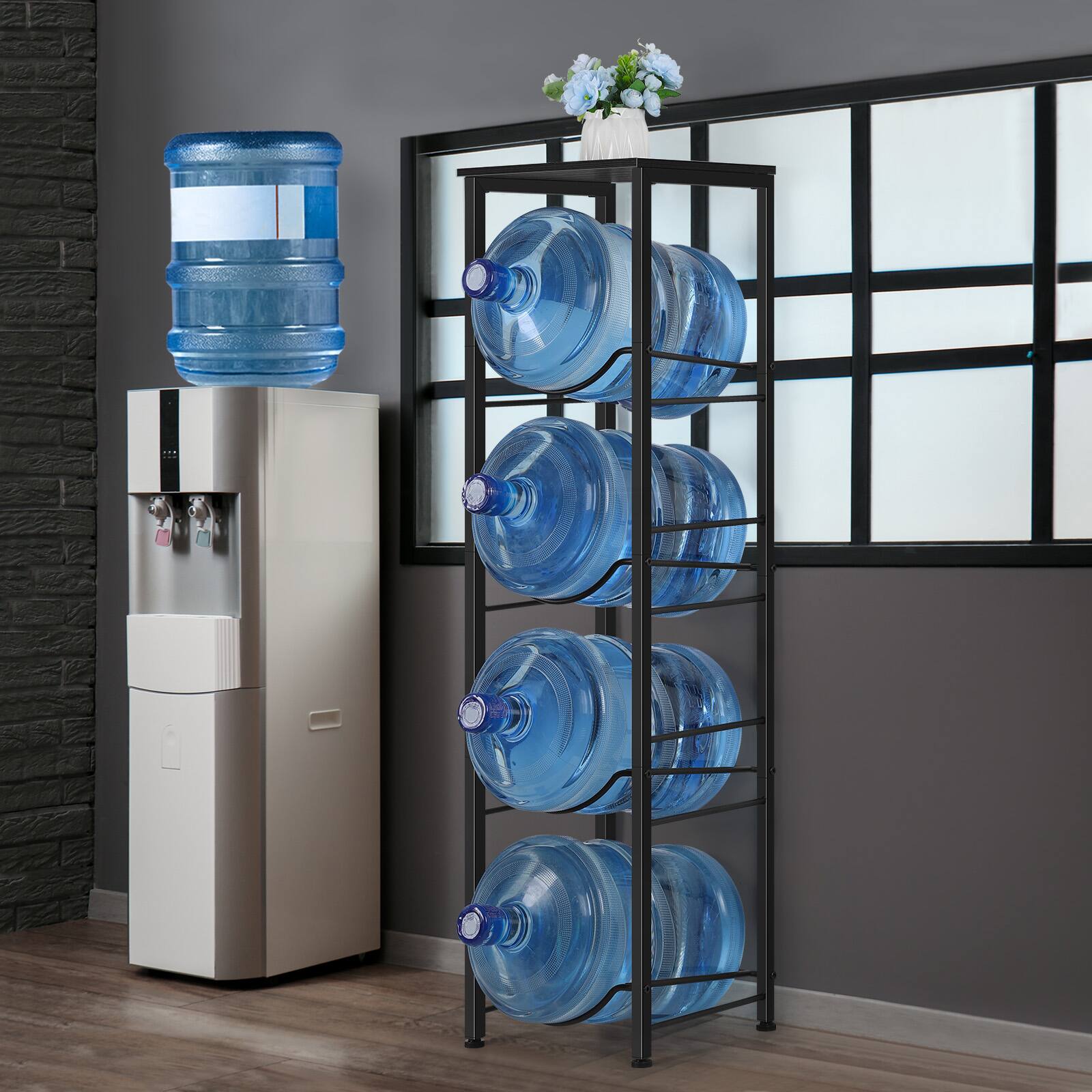 Alt View 2. Oumilen - 4-Tier Water Jug Storage, Matte Black Square Tube 5 Gallon Water Bottle Holder for Home & Office - Black.