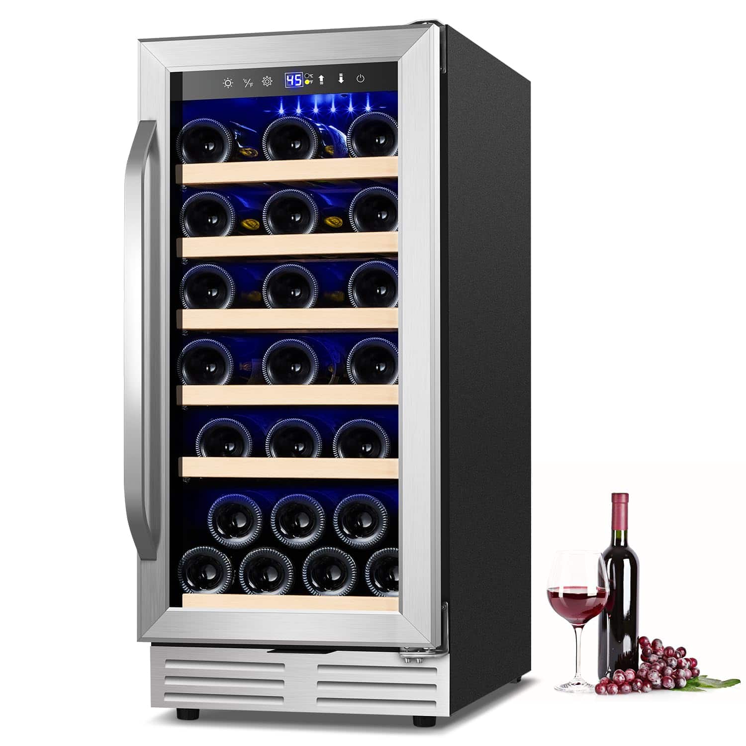 HOOURE - 15 in.32 Bottles Undercounter or Freestanding Wine Cooler Fridge with Glass Door, LED Light, Removable Wooden Shelves - Stainless steel